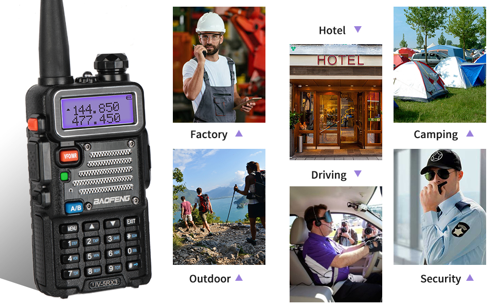 Illustrations showing the Baofeng UV-5RX3 being used in various scenarios like off-roading, camping, and emergency communication.
