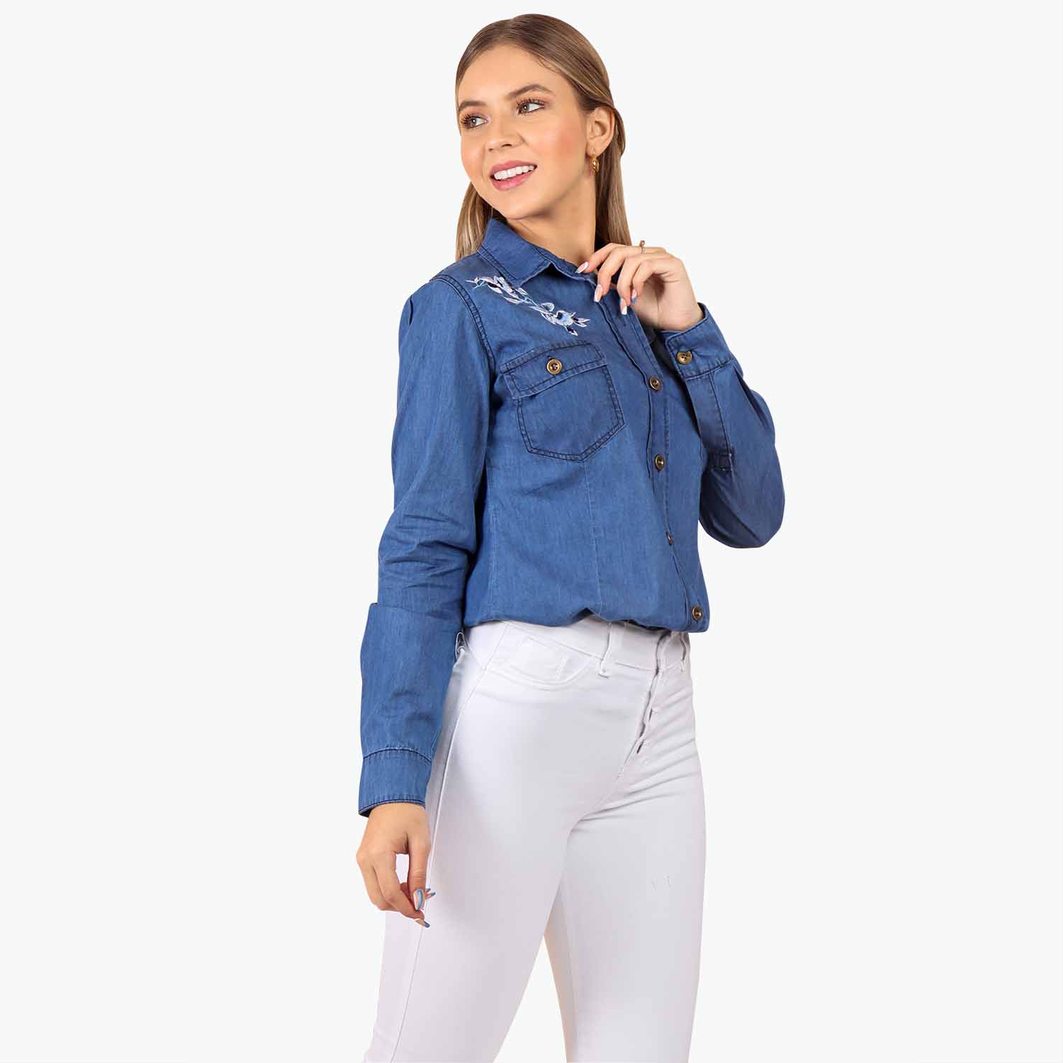 Blusas : Blusa jean rigido abierta en espalda 416