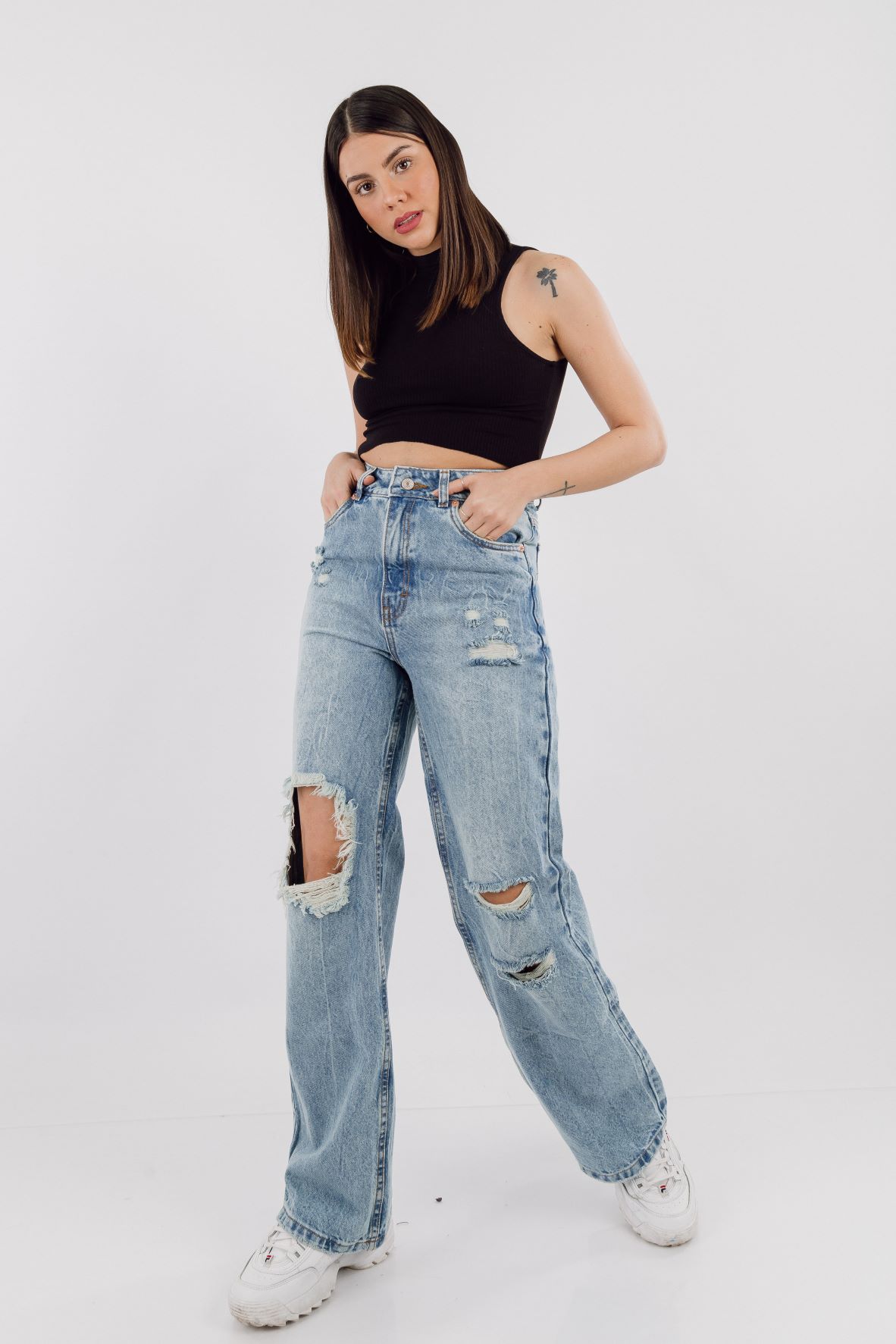Ripley - DENIM JEAN MUJER DSHENK BAGGY DESTROYED - CELESTE OXIDO