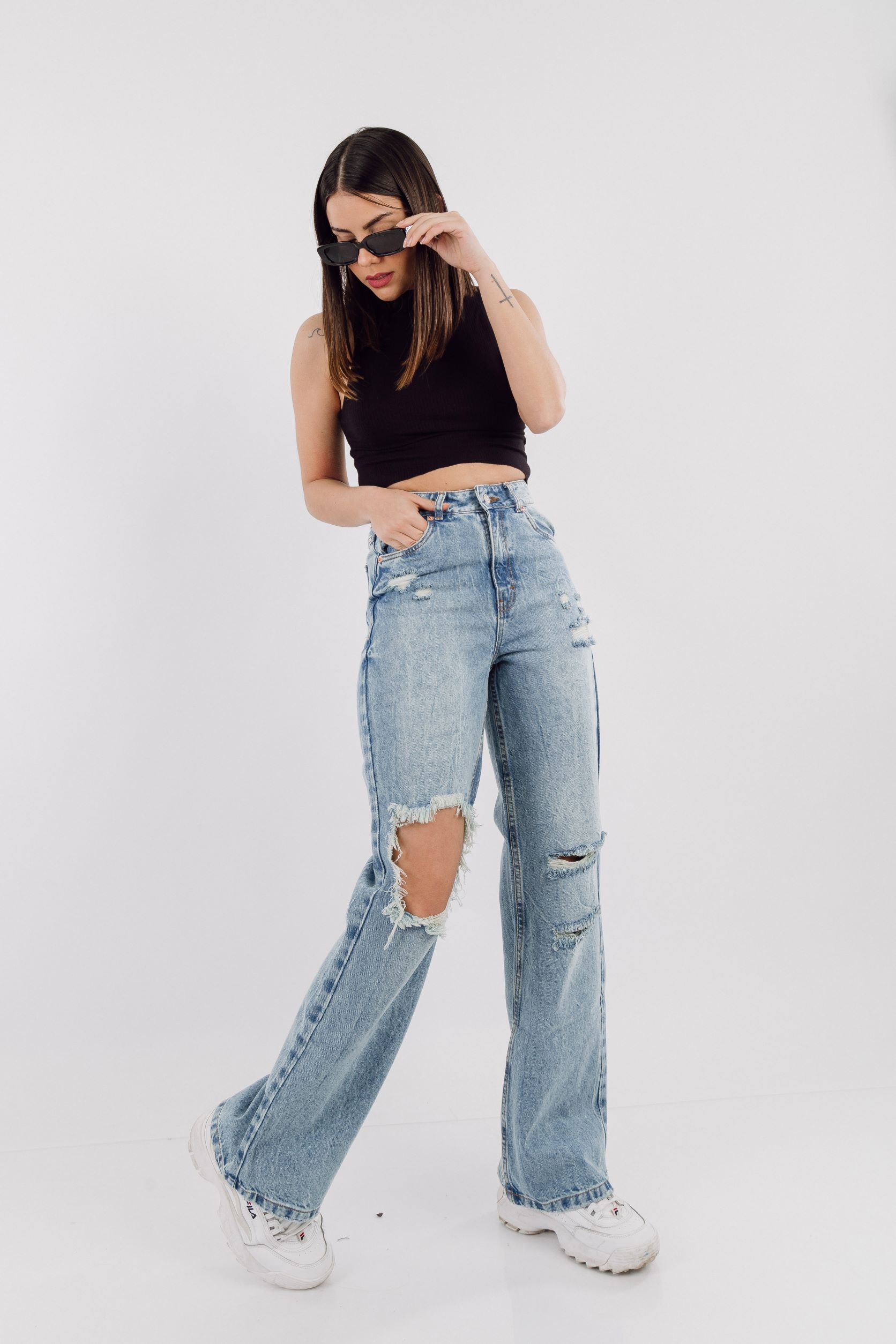 Ripley - DENIM JEAN MUJER DSHENK BAGGY DESTROYED - CELESTE OXIDO