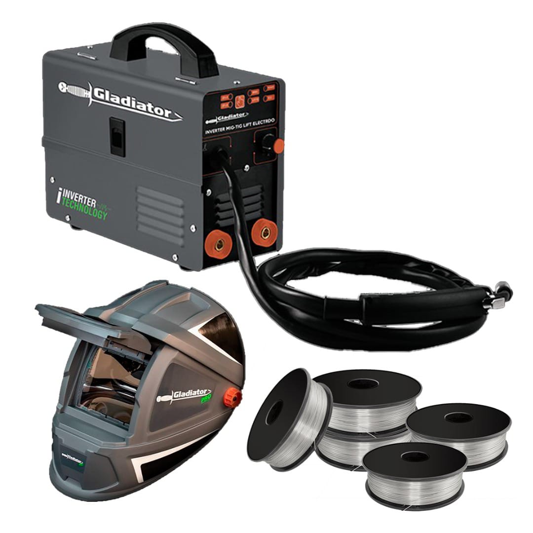 Ripley - SOLDADORA MIG - ELECTRODO- TIG LIF 140A GLADIATOR + CARETA  FOTOSENSIBLE + 5KG DE ALAMBRE