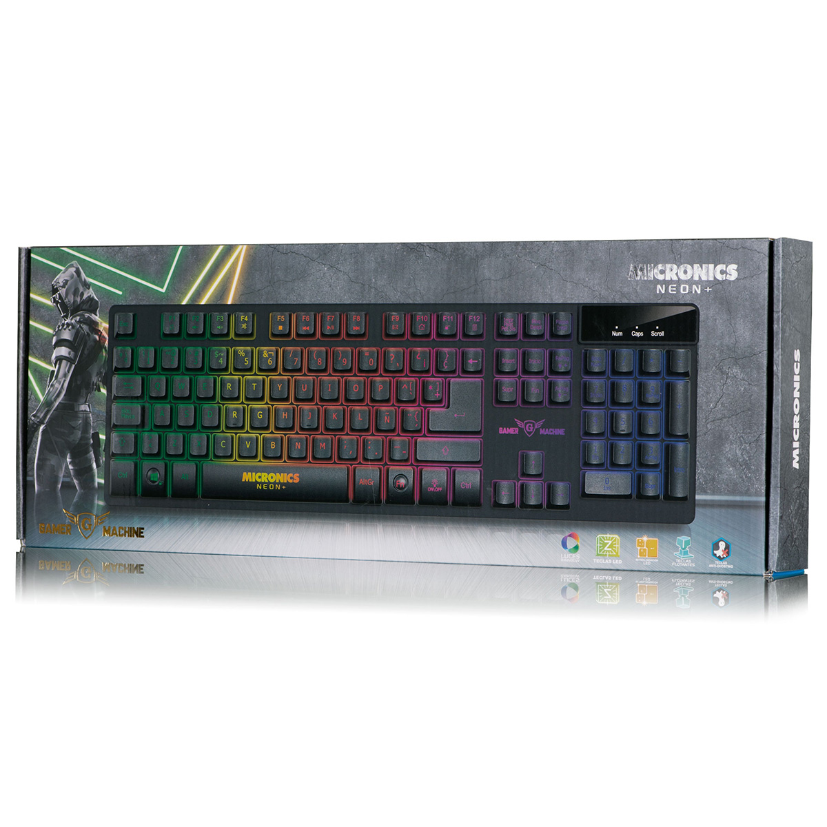 Ripley - TECLADO GAMER MICRONICS NEON+ MIC K709+, LUZ RAINBOW, 12 TECLAS  FUNCIONES