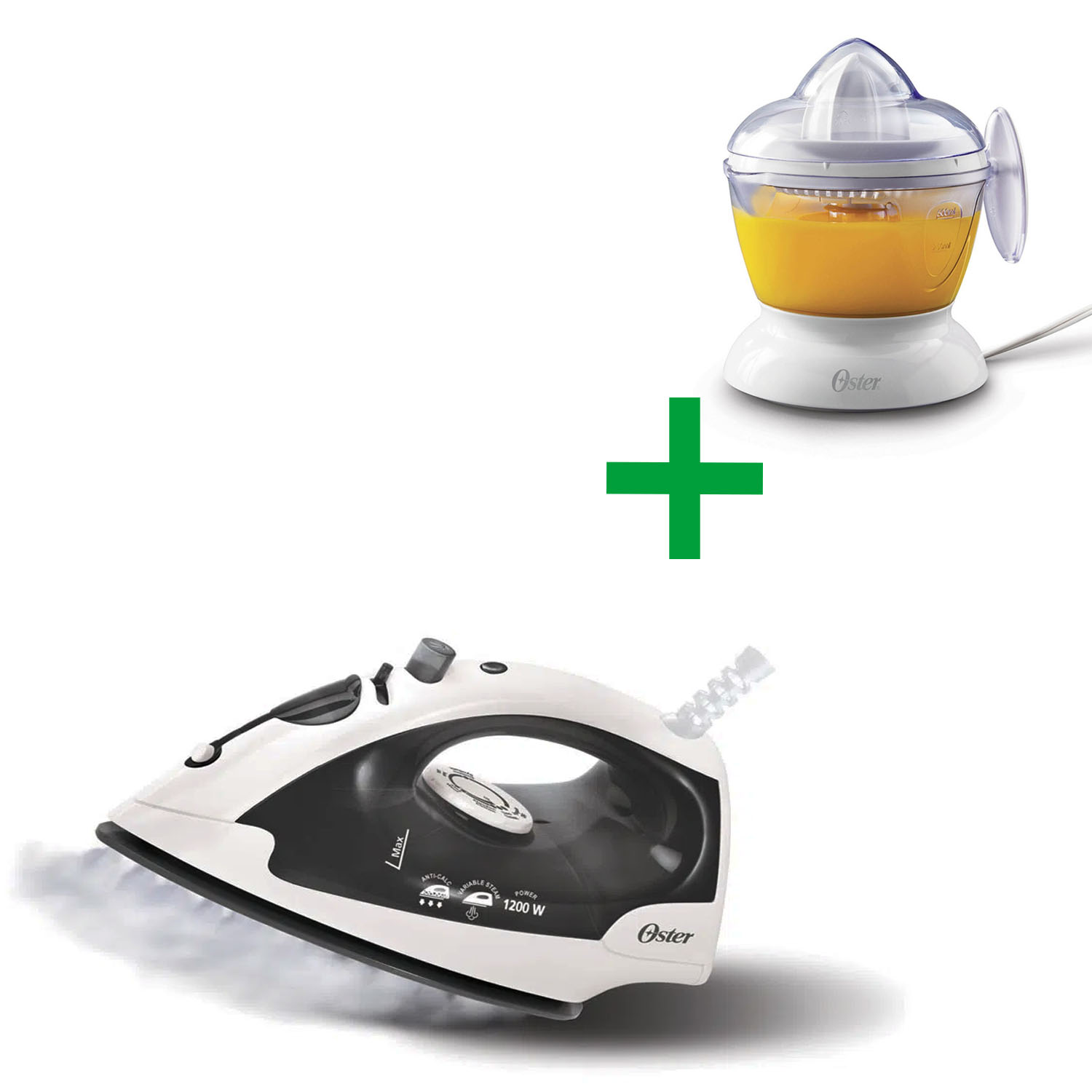 Ripley - PLANCHA CON BASE ANTIADHERENTE OSTER 4801W + EXPRIMIDOR JU104