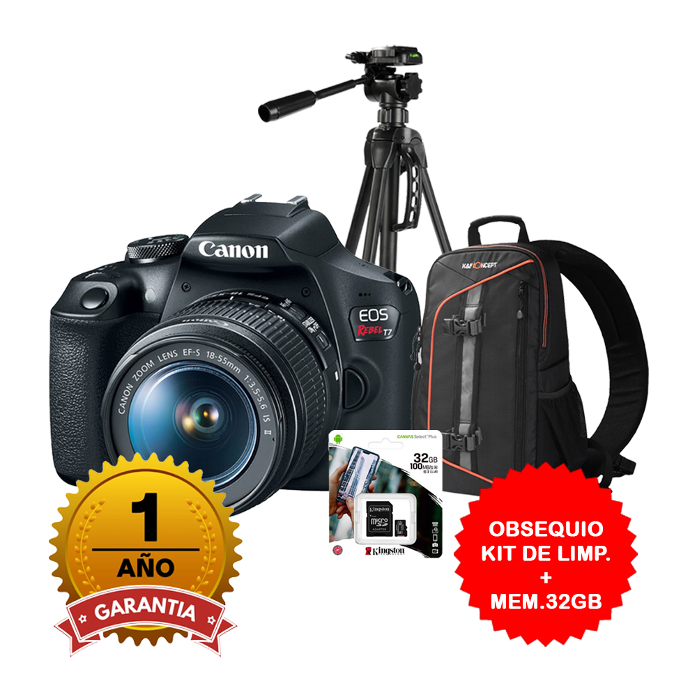 Ripley - CAMARA CANON EOS REBEL T7 CON LENTE 18-55MM IS II + TRIPODE +  MOCHILA (GRATIS: KIT DE LIMPIEZA + MEMORIA 32GB)