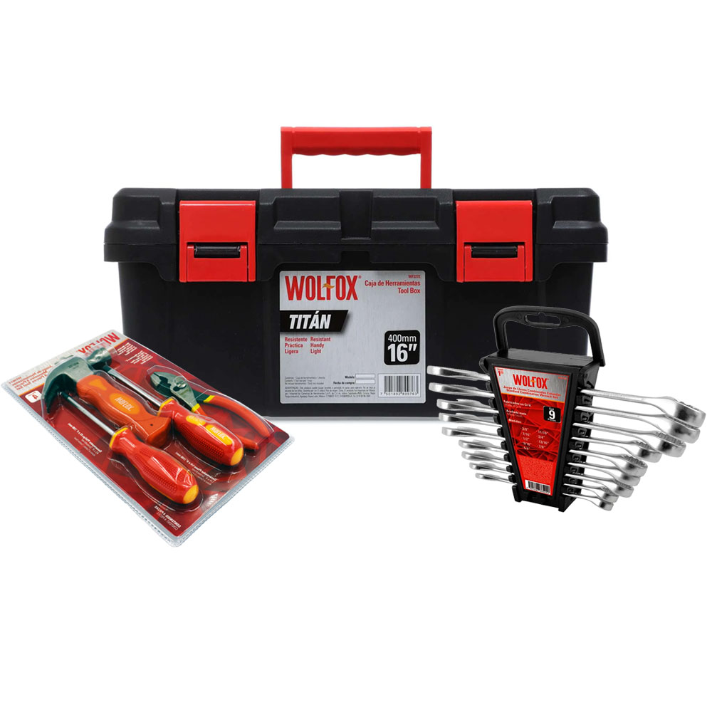 Ripley - CAJA DE HERRAM. 16' + JGO. LLAVE MIXTA ESTÁNDAR 9 PZS. + JGO.  HERRAMIENTAS 4 PZS. WOLFOX WF3272-K5
