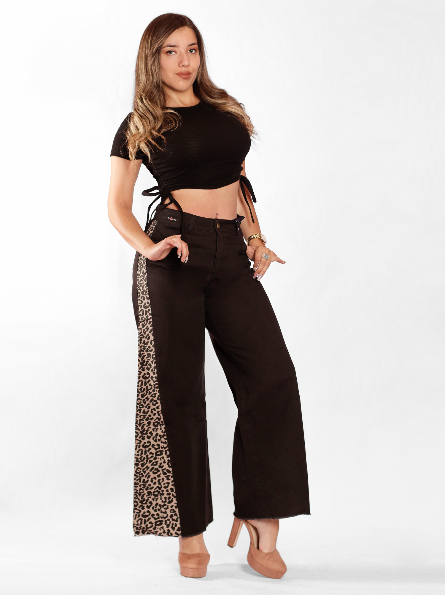 Ripley - JEANS PALAZZO NEGRO DETALLE LEOPARDO JE2906NHC