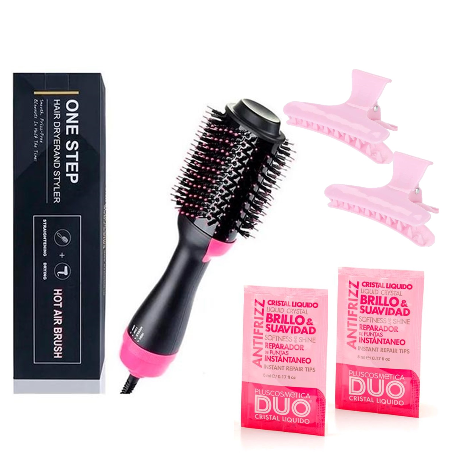 Ripley - CEPILLO 3 EN 1 ONE STEP + ACEITE CAPILAR + SUJETADOR FUCSIA