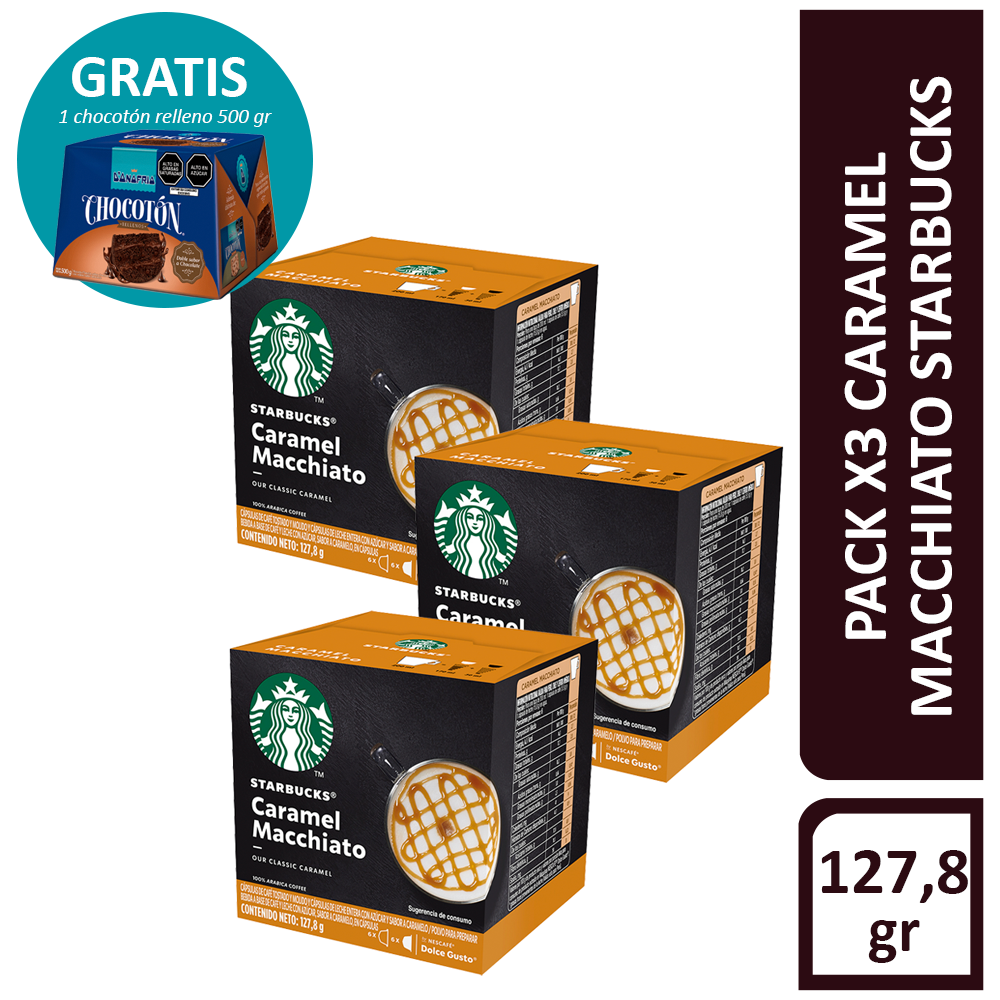 Ripley - CÁPSULAS DE CAFÉ STARBUCKS® CARAMEL MACCHIATO CJ DE 12 UND (X3) +  CHOCOTÓN GRATIS