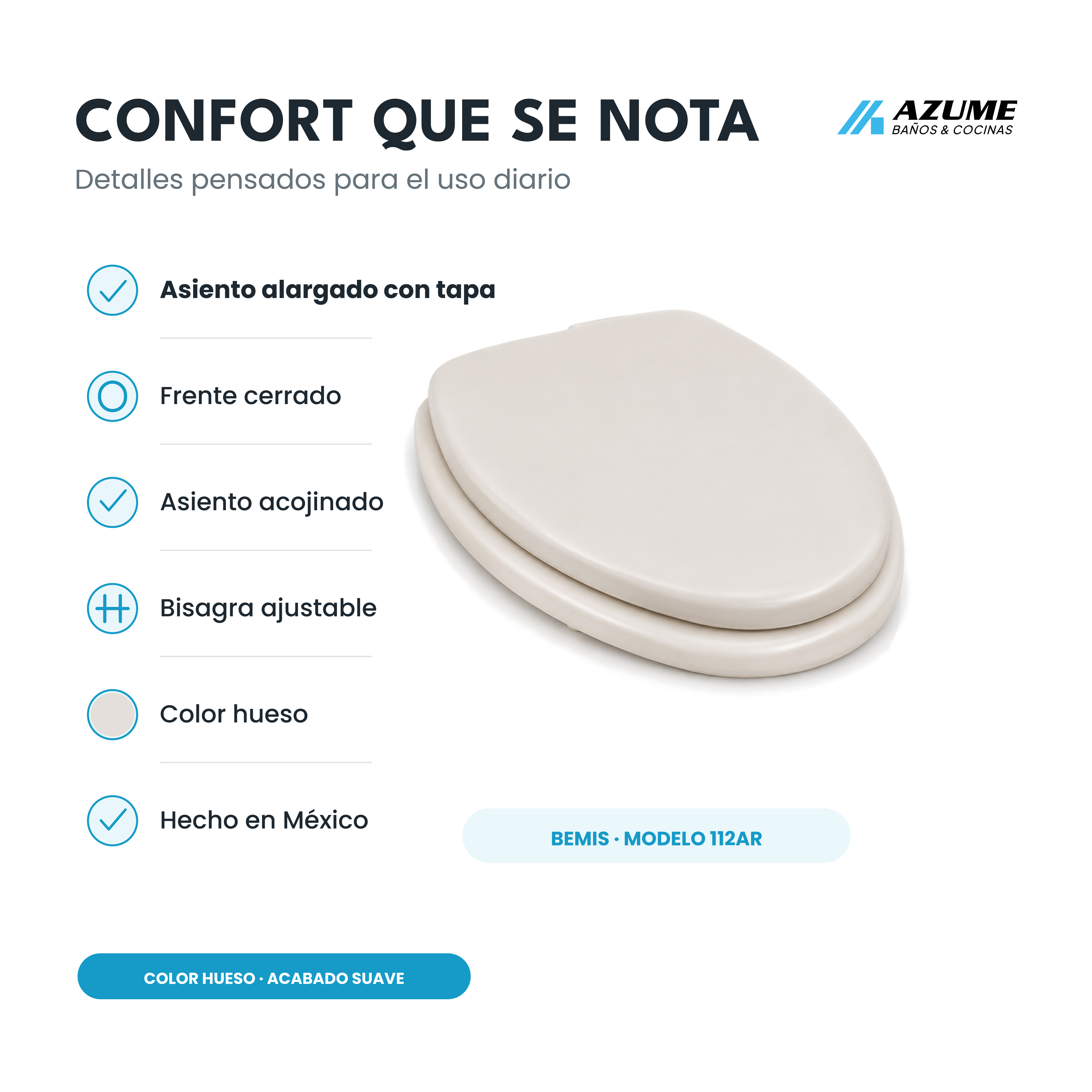 Alternative view of Asiento para Sanitario Alargado Acojinado Hueso – BE-112AR 006