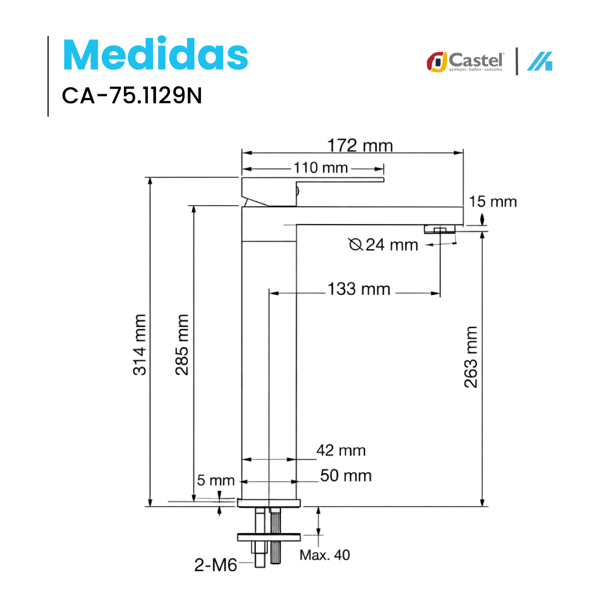 Llave Monomando Para Lavabo Alto Negro Mate Lexus Castel – CA-75.1129N