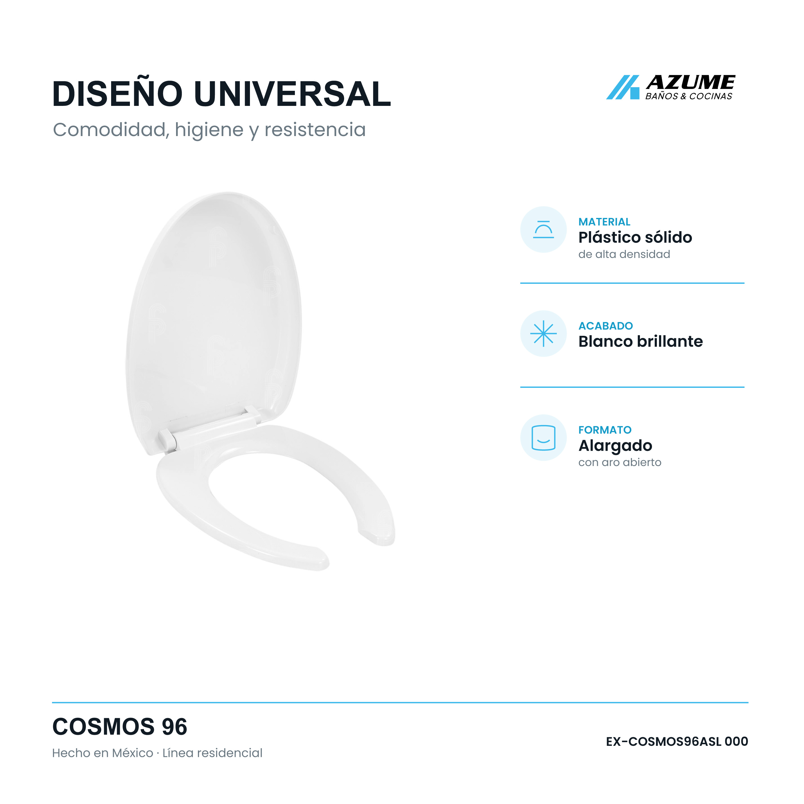 Asiento para Sanitario Alargado Abierto Cierre Lento Blanco – EX-COSMOS96ASL 000 Asiento para Sanitario Alargado Abierto Cierre Lento Blanco – EX-COSMOS96ASL 000