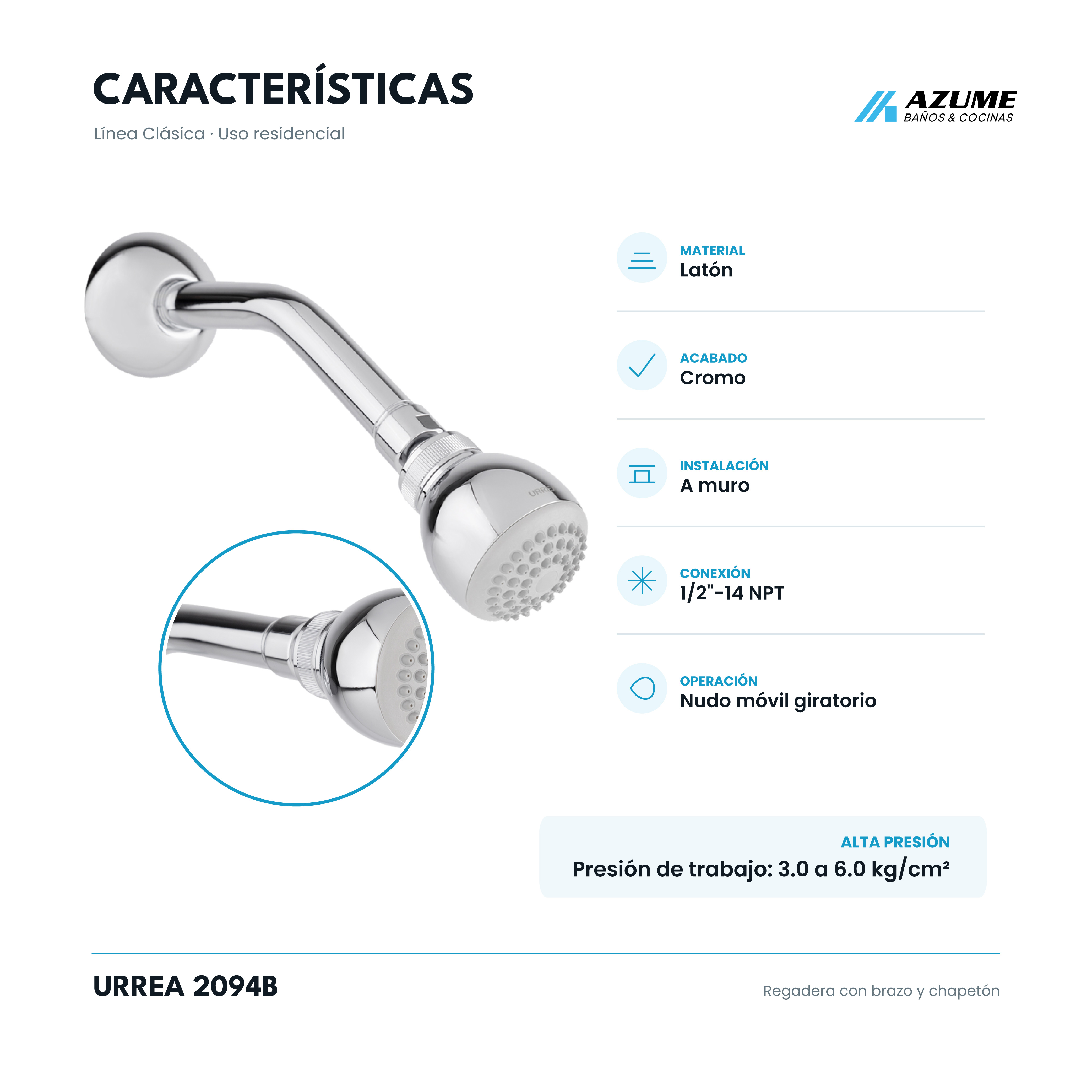 Regadera Urrea 2094B con Brazo y Chapetón Cromo Alta Presión – UR-2094B