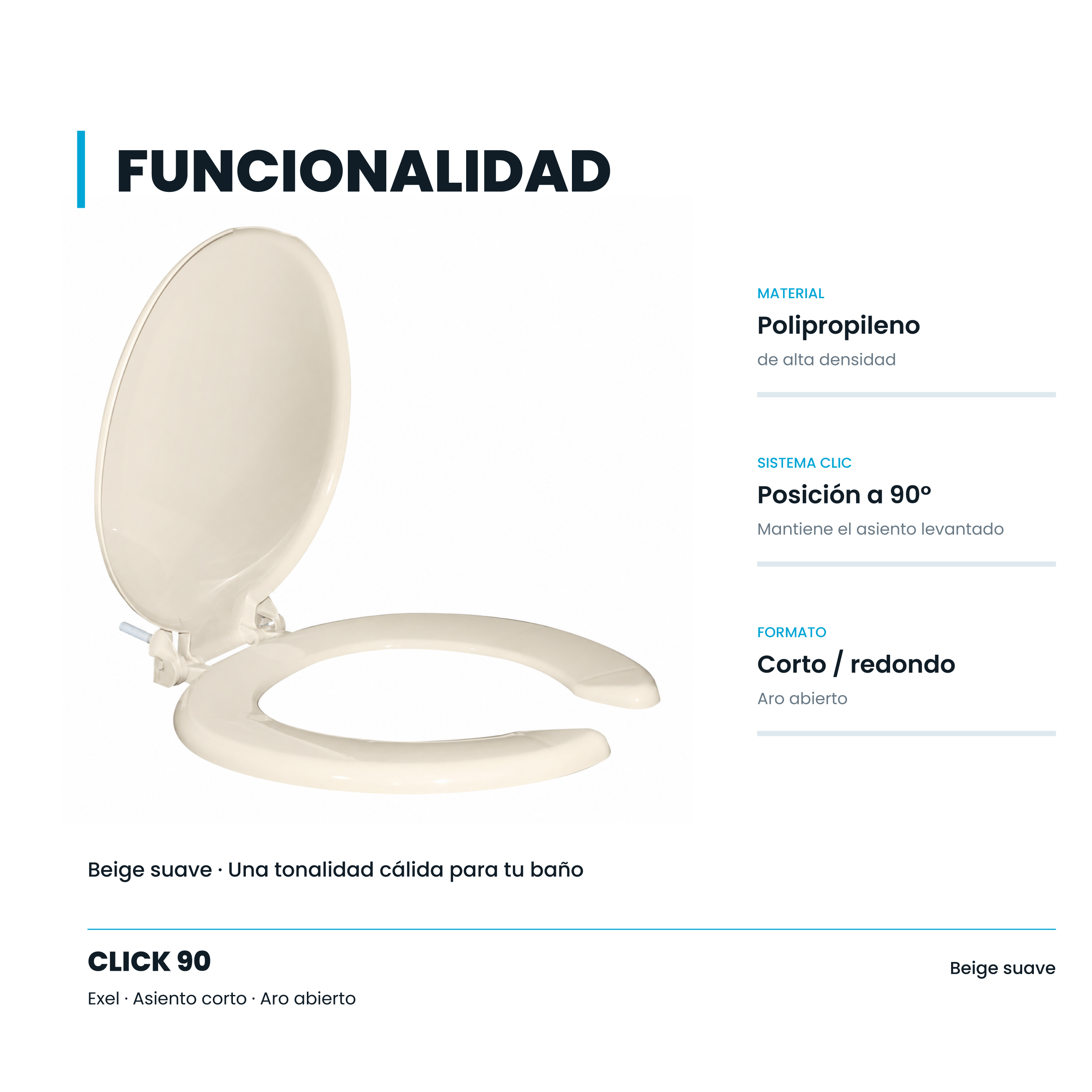 Asiento para Sanitario Redondo Abierto Click 90 Marfil – EX-CLICK90 450
