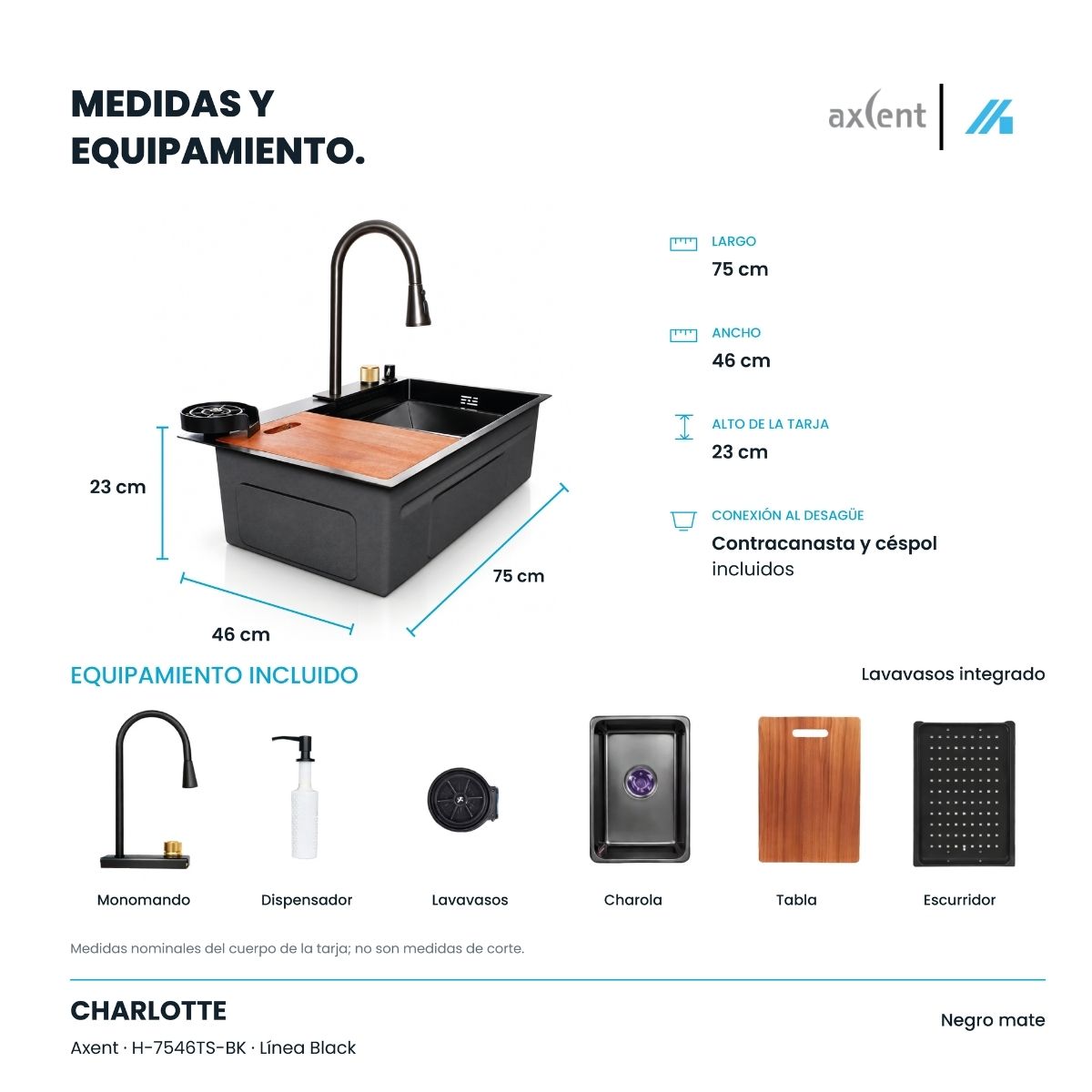 Tarja de Cocina Axcent Charlotte 75 cm Negro Mate Acero Inoxidable Calibre 18 con Accesorios – H-7546TS-BK