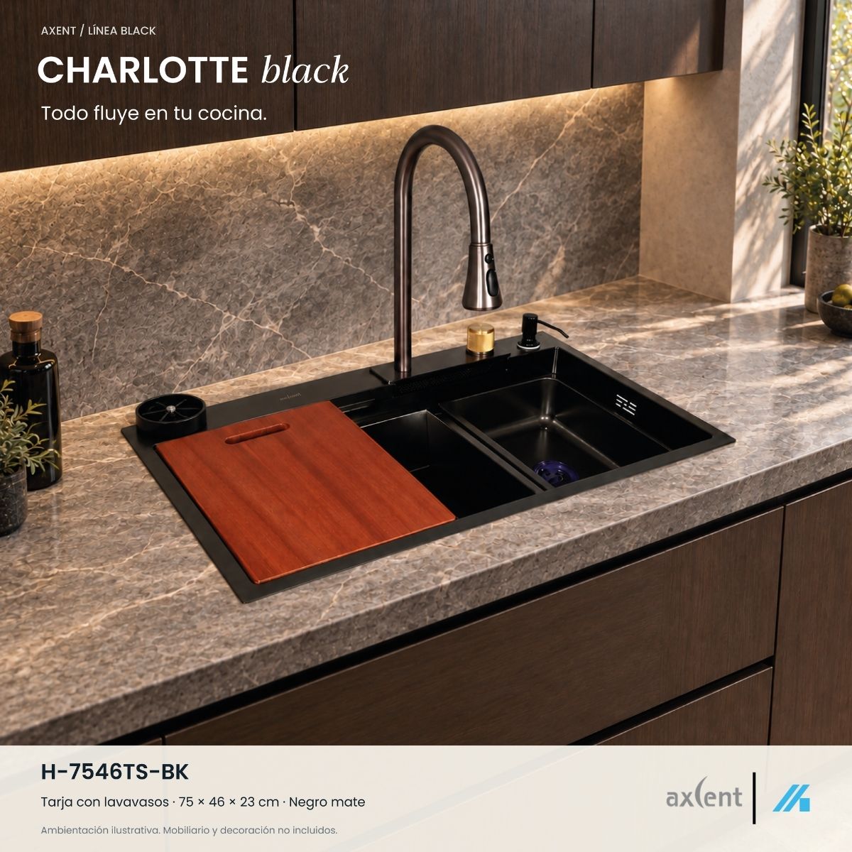 Alternative view of Tarja de Cocina Axcent Charlotte 75 cm Negro Mate Acero Inoxidable Calibre 18 con Accesorios – H-7546TS-BK