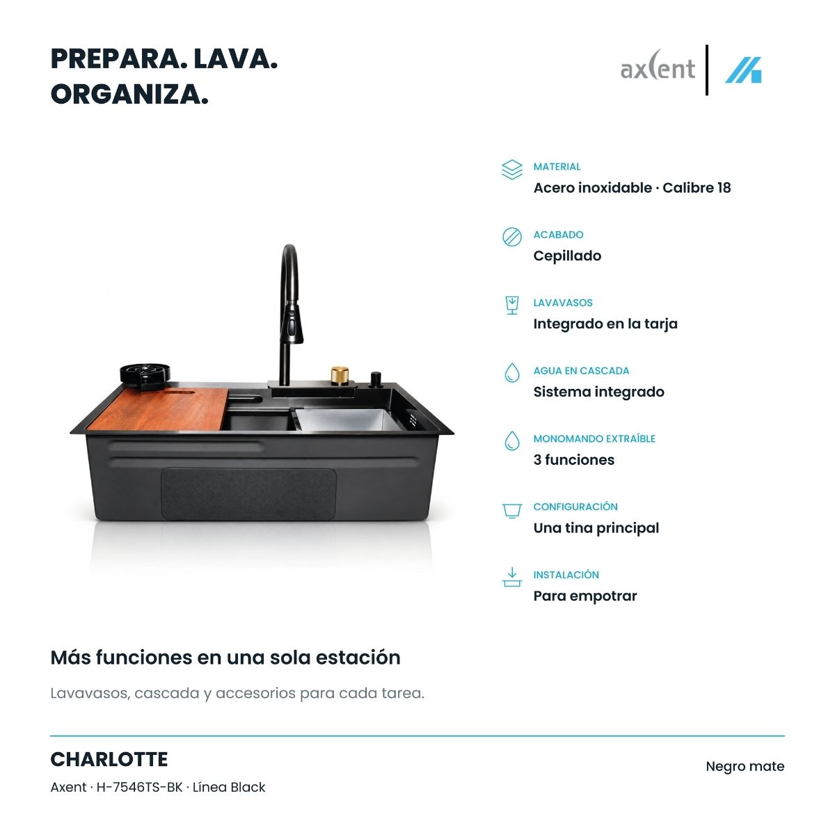 Tarja de Cocina Axcent Charlotte 75 cm Negro Mate Acero Inoxidable Calibre 18 con Accesorios – H-7546TS-BK
