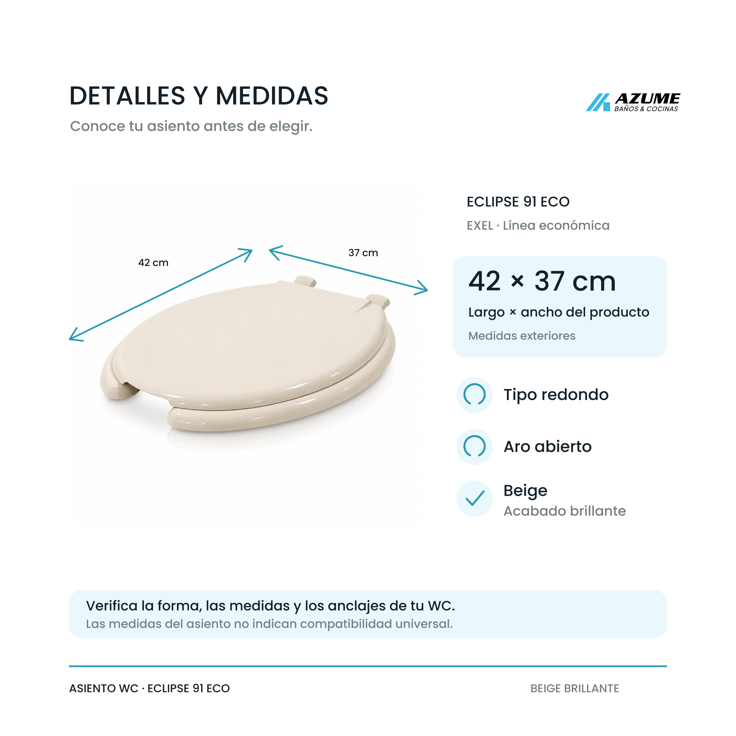 Alternative view of Asiento para Sanitario Corto de Plástico Eclipse 91 Beige – EX-ECLIPSE91 401