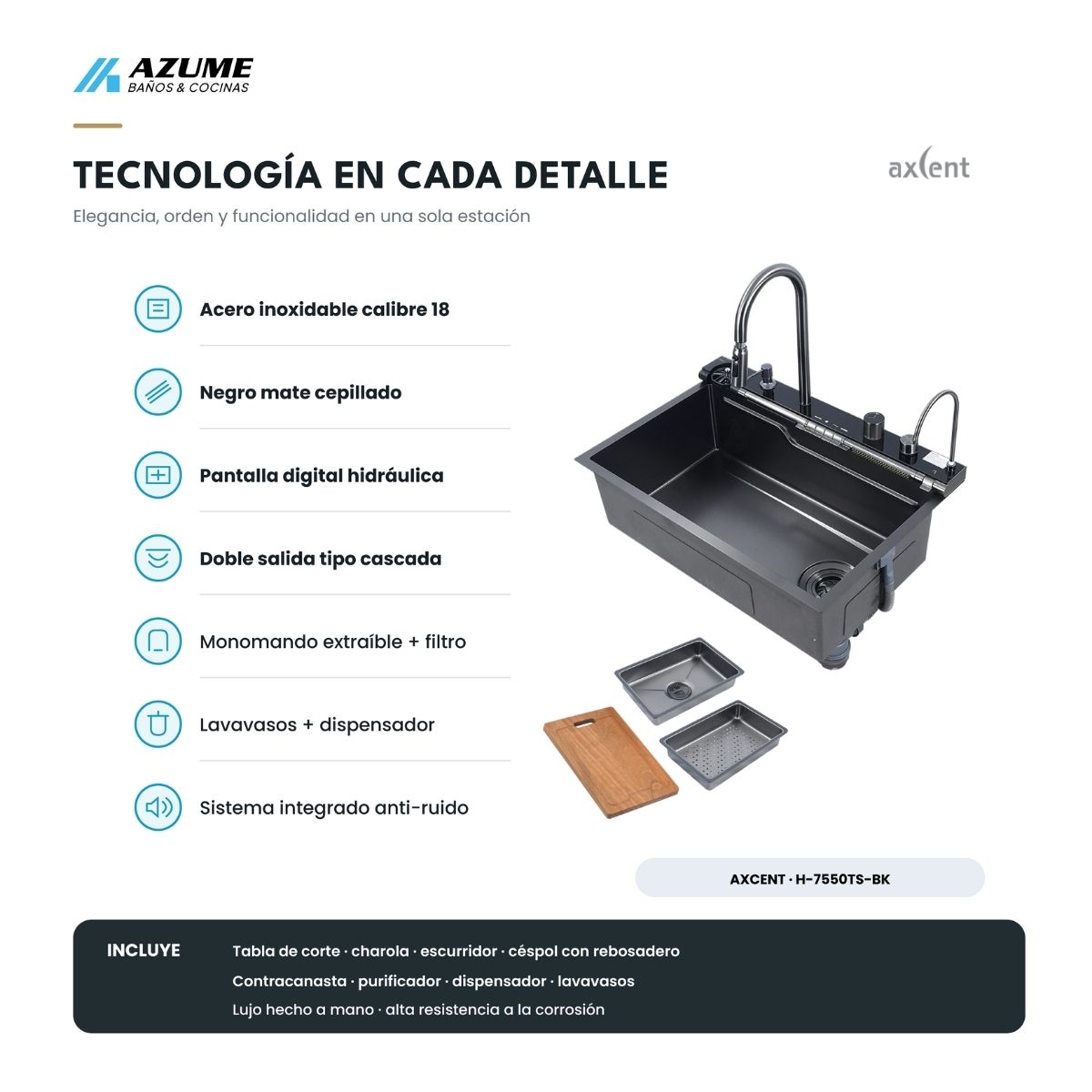 Tarja de Cocina Axcent Virginia 75 cm Negro Mate con Cascada, Pantalla Digital y Accesorios – H-7550TS-BK