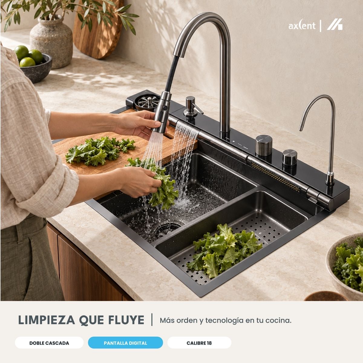 Alternative view of Tarja de Cocina Axcent Virginia 75 cm Negro Mate con Cascada, Pantalla Digital y Accesorios – H-7550TS-BK