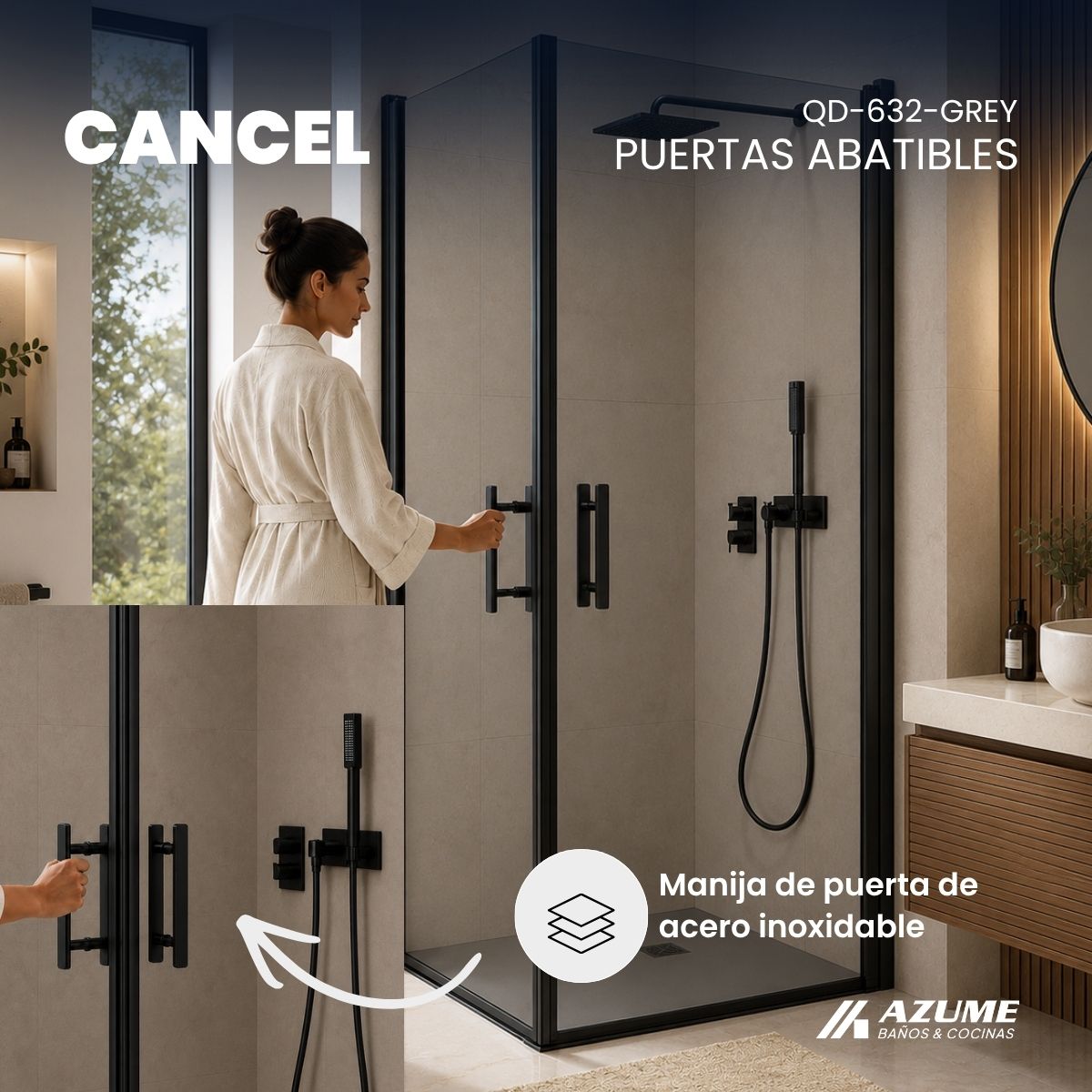 Alternative view of Cabina de Baño Esquinera 90 x 90 cm Vidrio Templado Gris 6 mm Perfil Cromado – QD-632-GREY