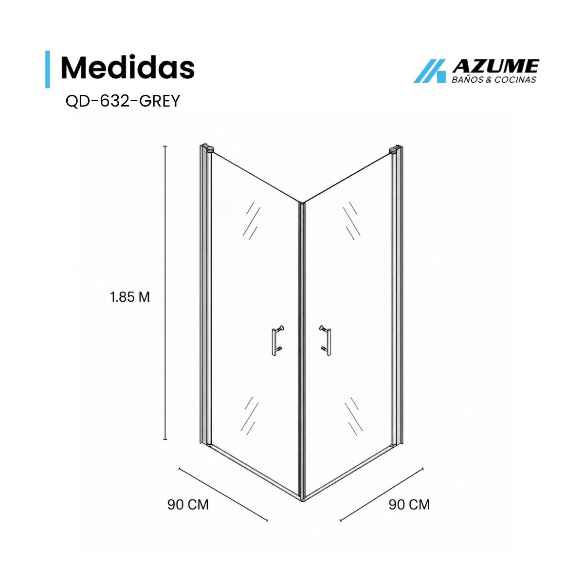 Cabina de Baño Esquinera 90 x 90 cm Vidrio Templado Gris 6 mm Perfil Cromado – QD-632-GREY