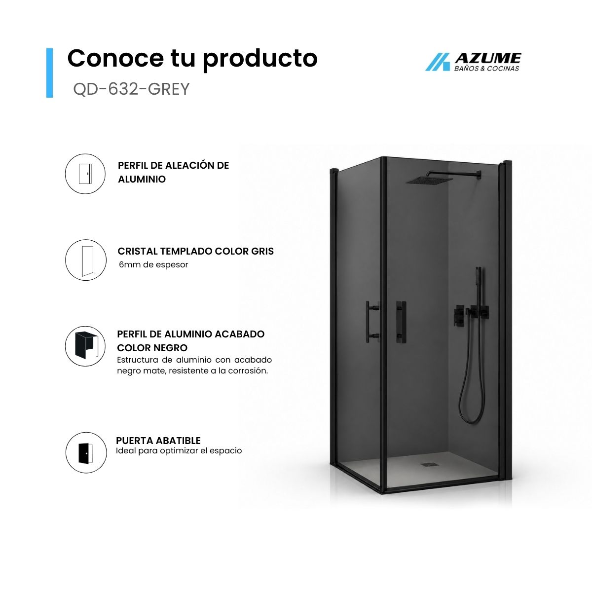 Cabina de Baño Esquinera 90 x 90 cm Vidrio Templado Gris 6 mm Perfil Cromado – QD-632-GREY