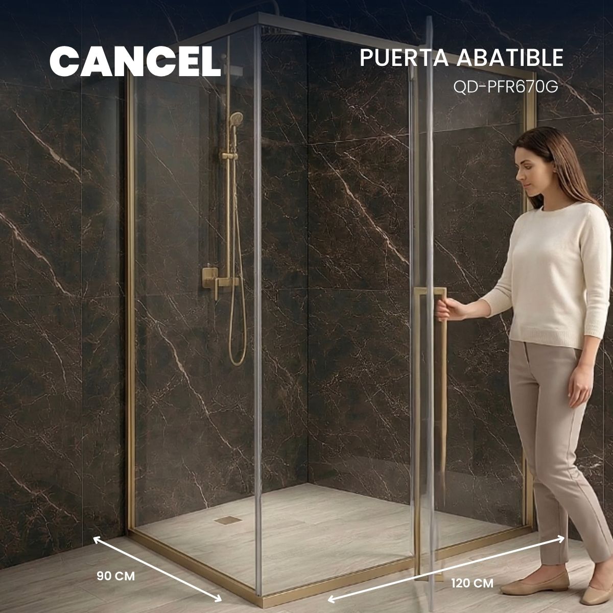 Alternative view of Cancel de Baño 120 x 90 cm Vidrio Templado 6 mm Perfil Dorado Puerta Corrediza – QD-PFR670G