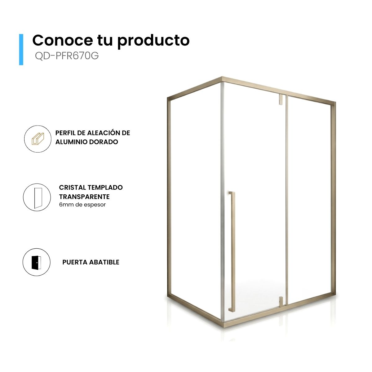 Cancel de Baño 120 x 90 cm Vidrio Templado 6 mm Perfil Dorado Puerta Corrediza – QD-PFR670G