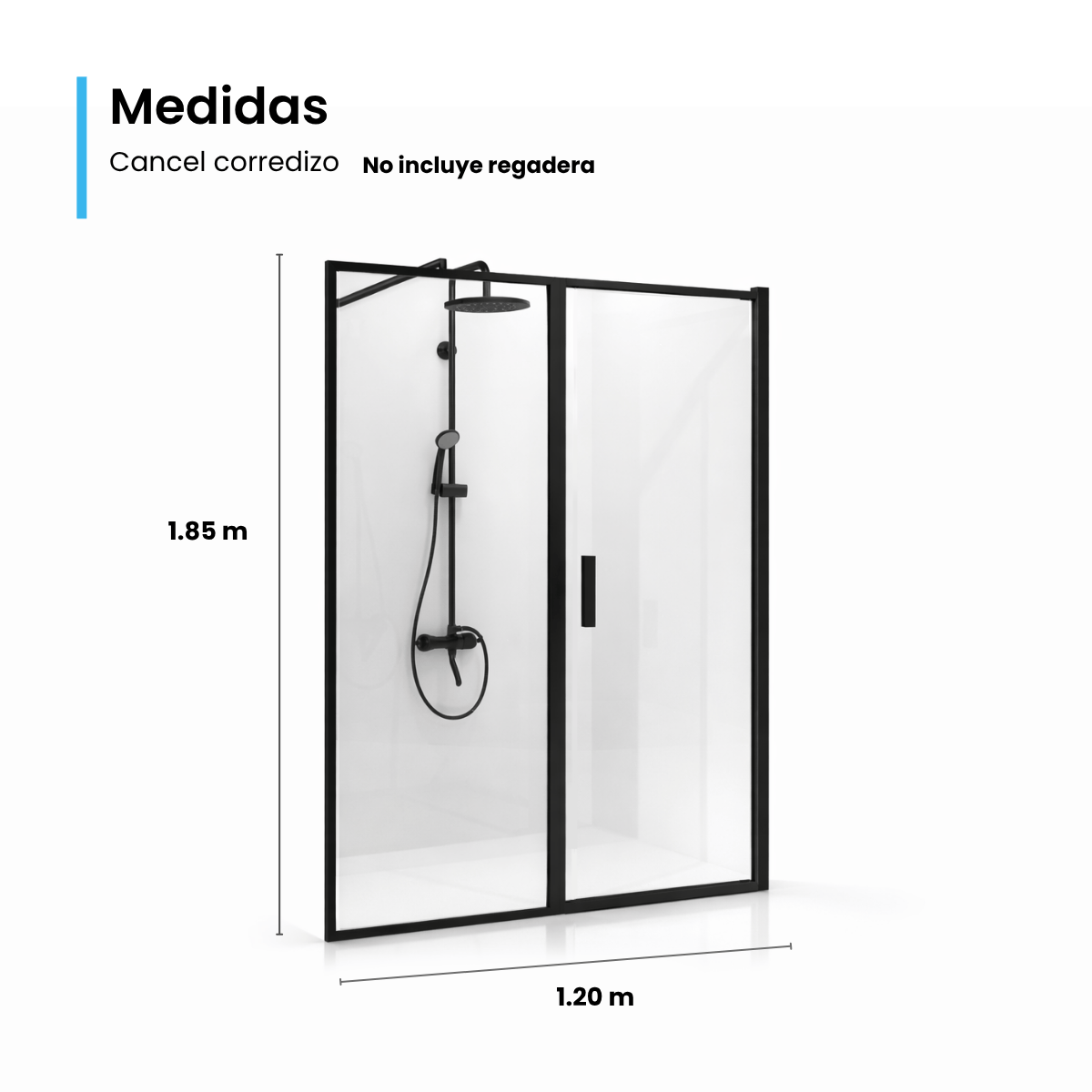 Cancel de Baño 120 x 185 cm Vidrio Transparente Perfil Negro Puerta Corrediza – QD-P6609