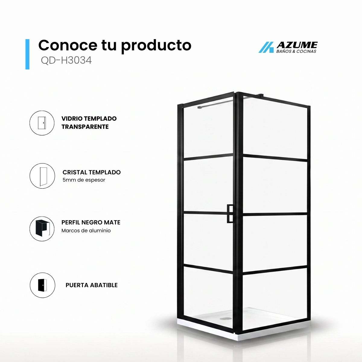 Cancel de Baño 120 x 80 cm Vidrio Templado 8 mm Marco Negro Puerta Abatible – QD-H3034