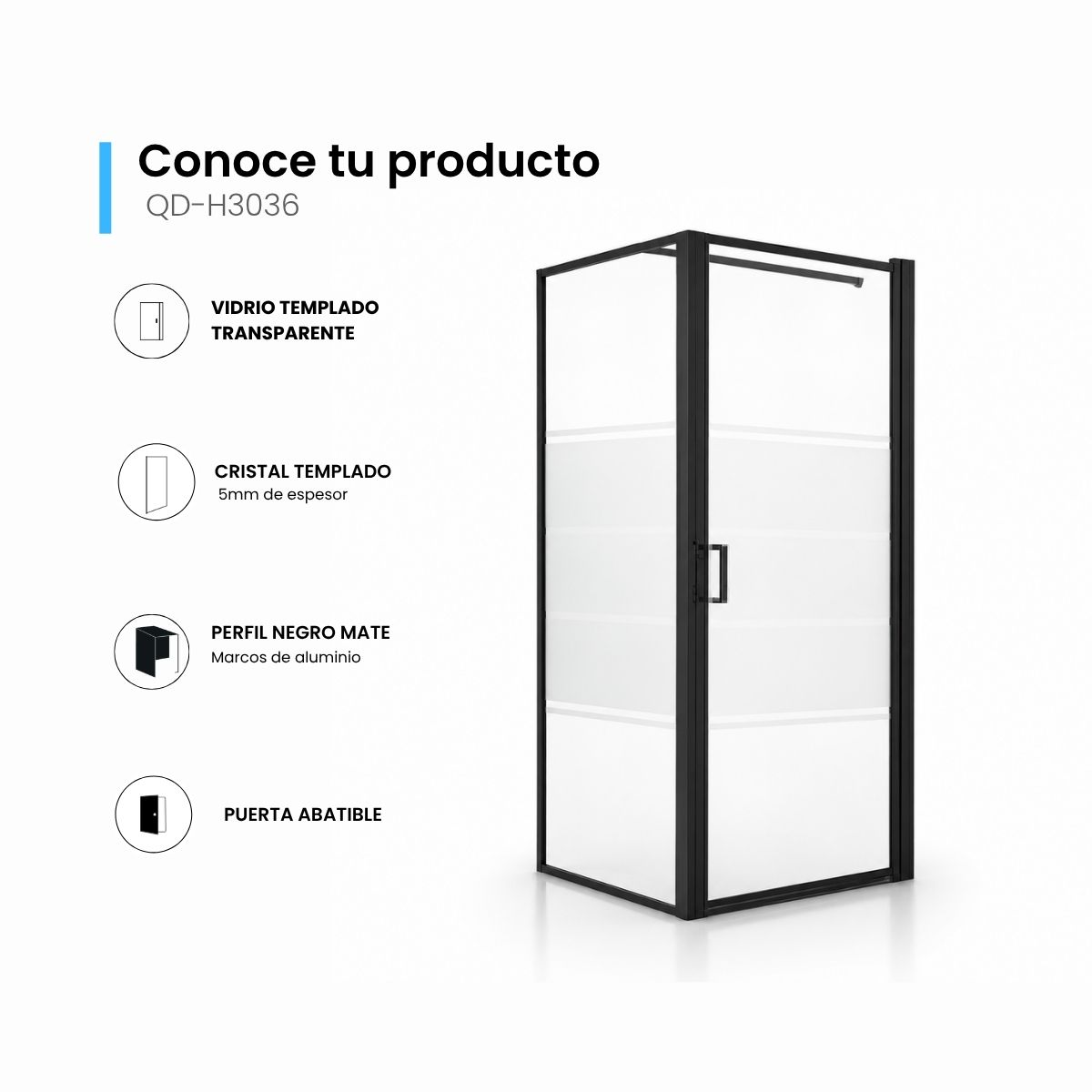Cancel de Baño 100 x 80 cm Vidrio Templado Esmerilado 8 mm Marco Negro – QD-H3036