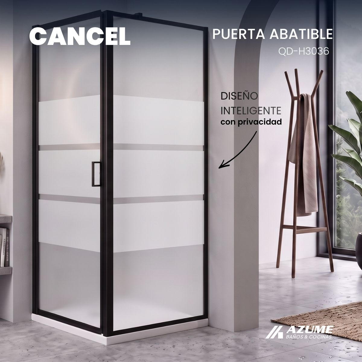 Alternative view of Cancel de Baño 100 x 80 cm Vidrio Templado Esmerilado 8 mm Marco Negro – QD-H3036