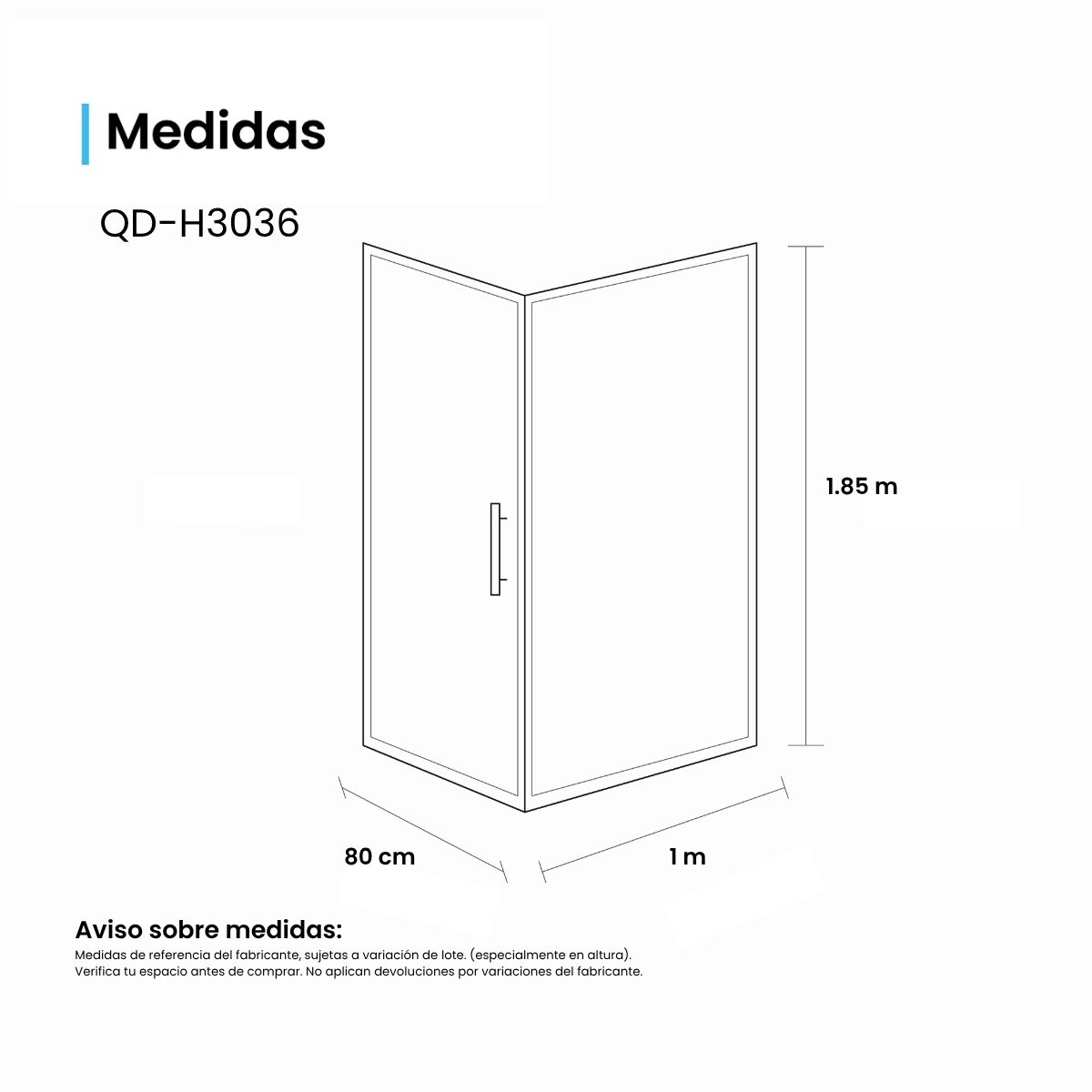 Cancel de Baño 100 x 80 cm Vidrio Templado Esmerilado 8 mm Marco Negro – QD-H3036