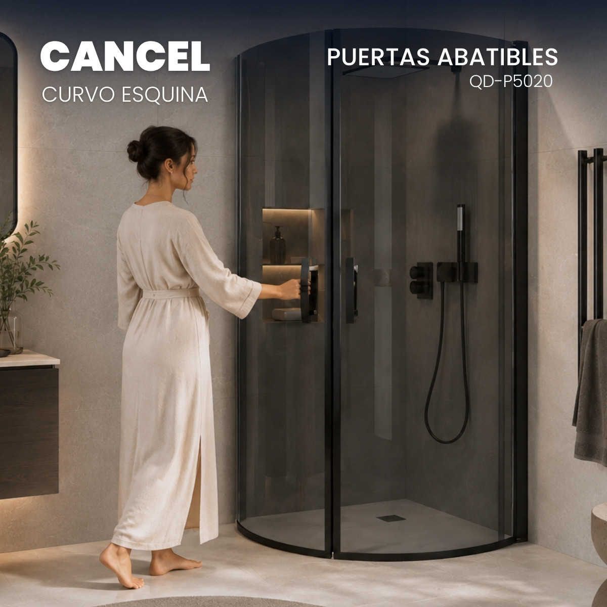 Alternative view of Cabina de Baño Esquinera 90 x 90 cm Vidrio Templado Gris 6 mm Perfil Negro – QD-P5020
