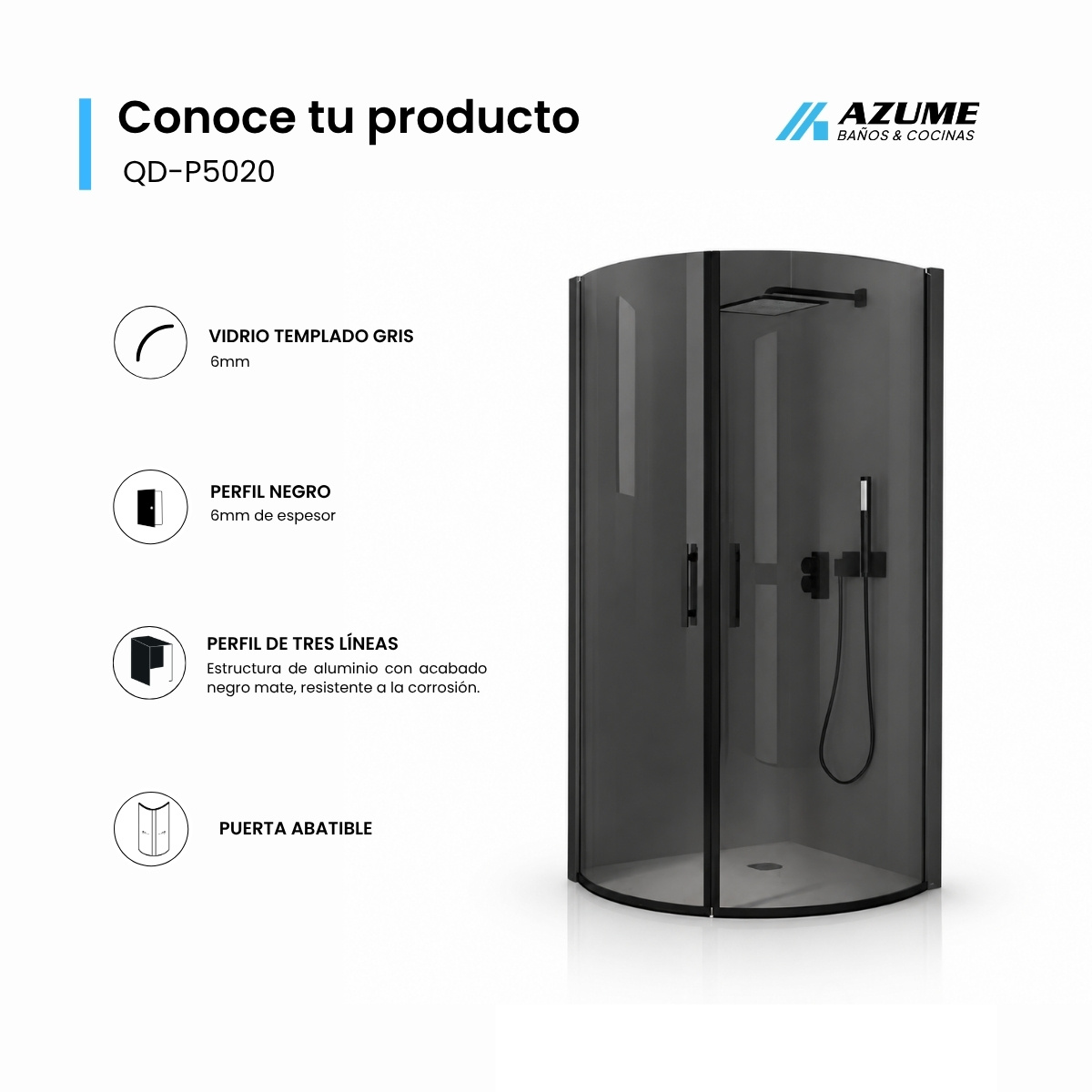 Cabina de Baño Esquinera 90 x 90 cm Vidrio Templado Gris 6 mm Perfil Negro – QD-P5020