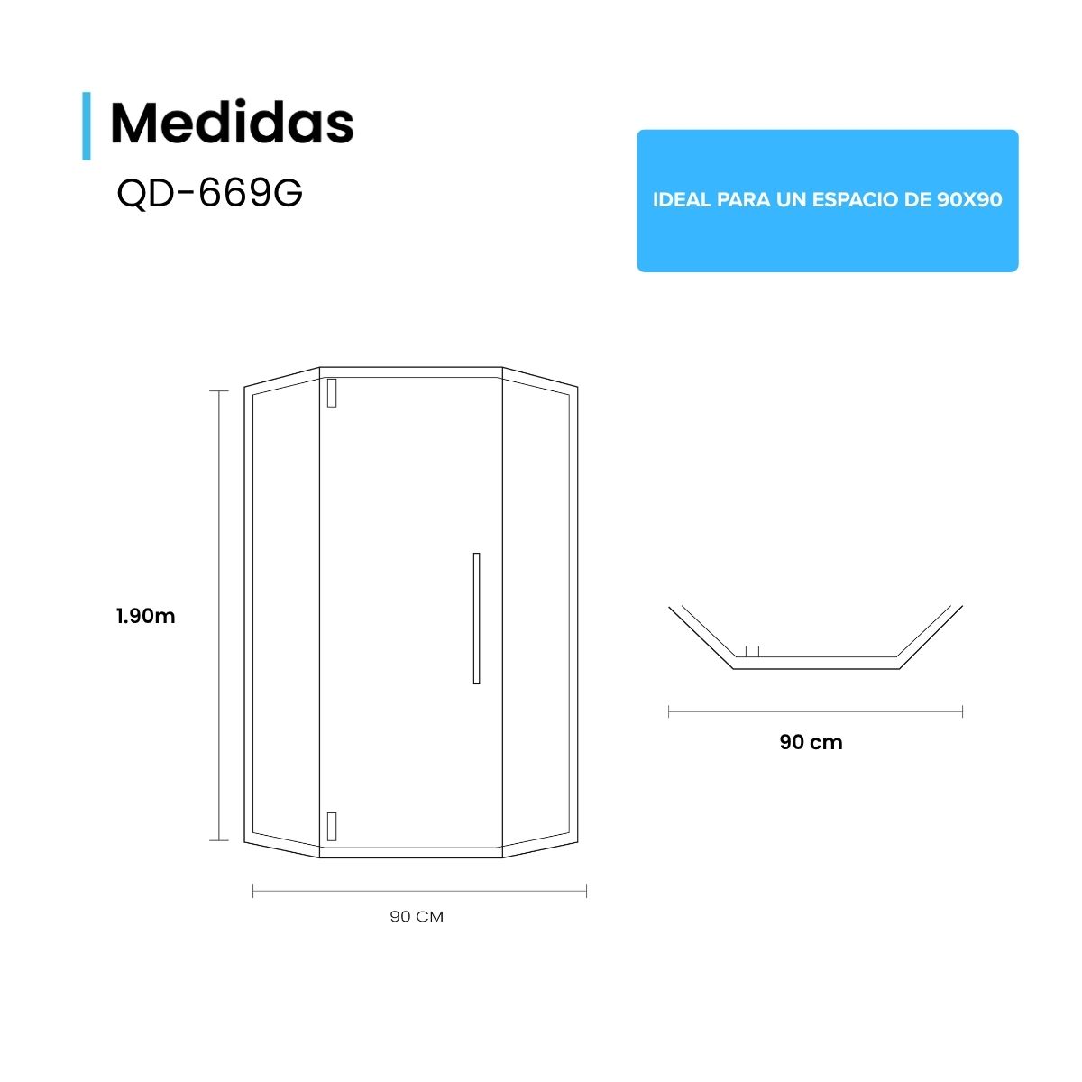 Cancel de Baño Esquinero 90 x 90 cm Vidrio Templado 6 mm Herrajes Dorados – QD-669G