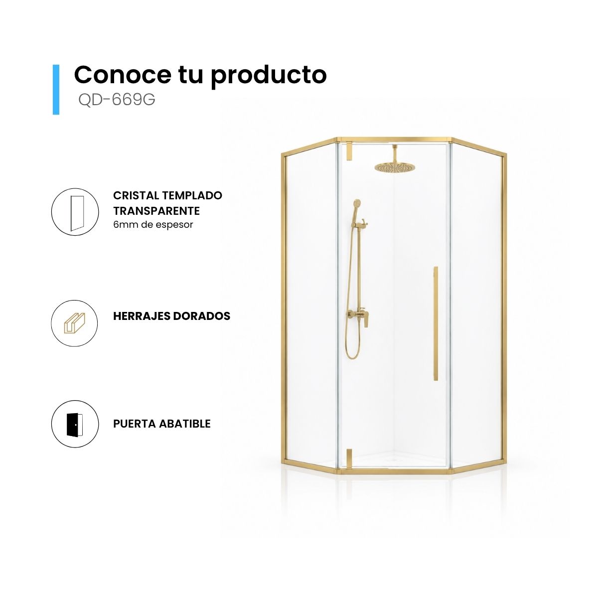 Cancel de Baño Esquinero 90 x 90 cm Vidrio Templado 6 mm Herrajes Dorados – QD-669G