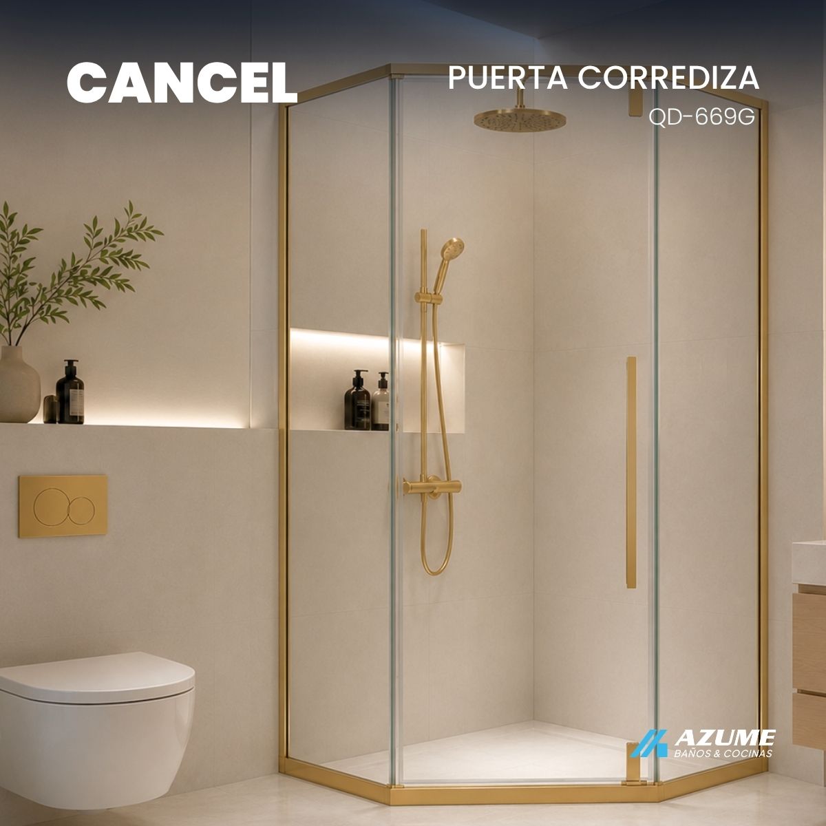 Alternative view of Cancel de Baño Esquinero 90 x 90 cm Vidrio Templado 6 mm Herrajes Dorados – QD-669G