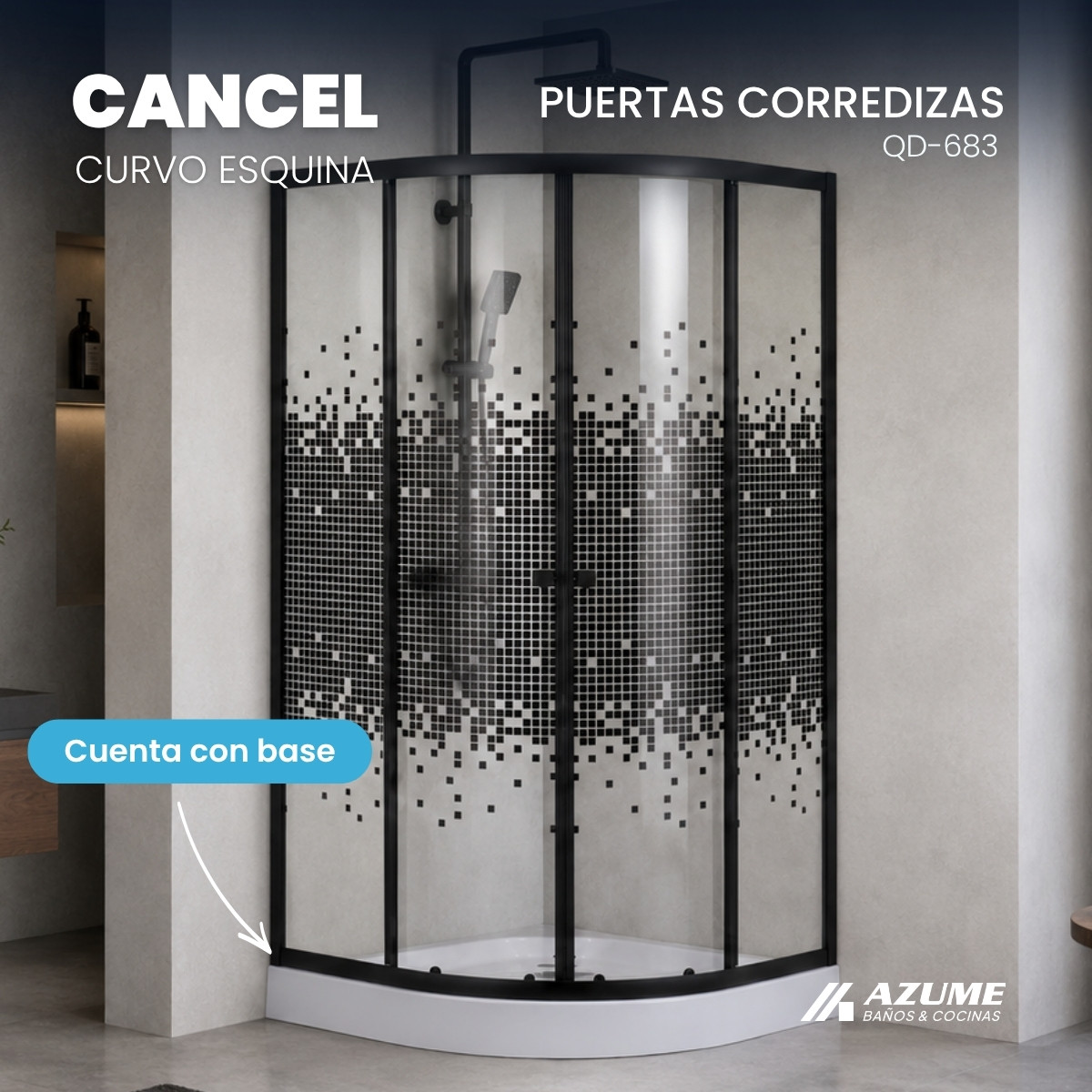 Cancel de Baño 90 x 90 cm Vidrio Templado 5 mm Herrajes Negros con Bandeja – QD-683