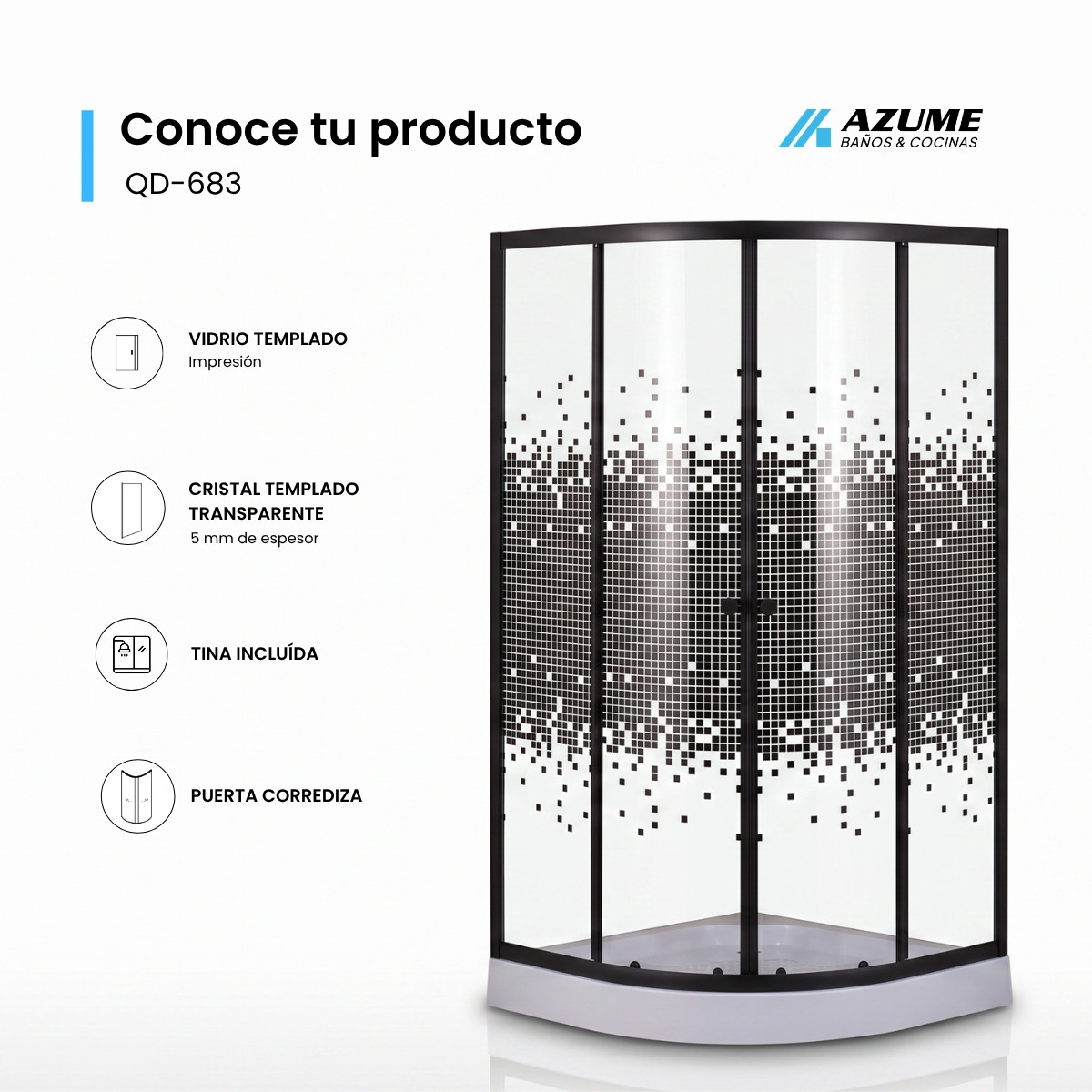 Cancel de Baño 90 x 90 cm Vidrio Templado 5 mm Herrajes Negros con Bandeja – QD-683