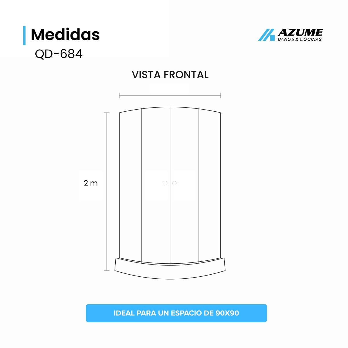 Cancel de Baño 90 x 90 cm Vidrio Templado 5 mm Herrajes Negros con Bandeja – QD-684