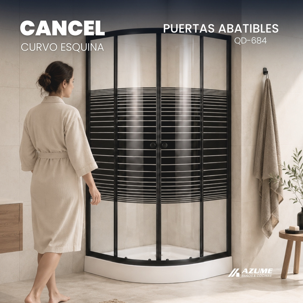 Alternative view of Cancel de Baño 90 x 90 cm Vidrio Templado 5 mm Herrajes Negros con Bandeja – QD-684