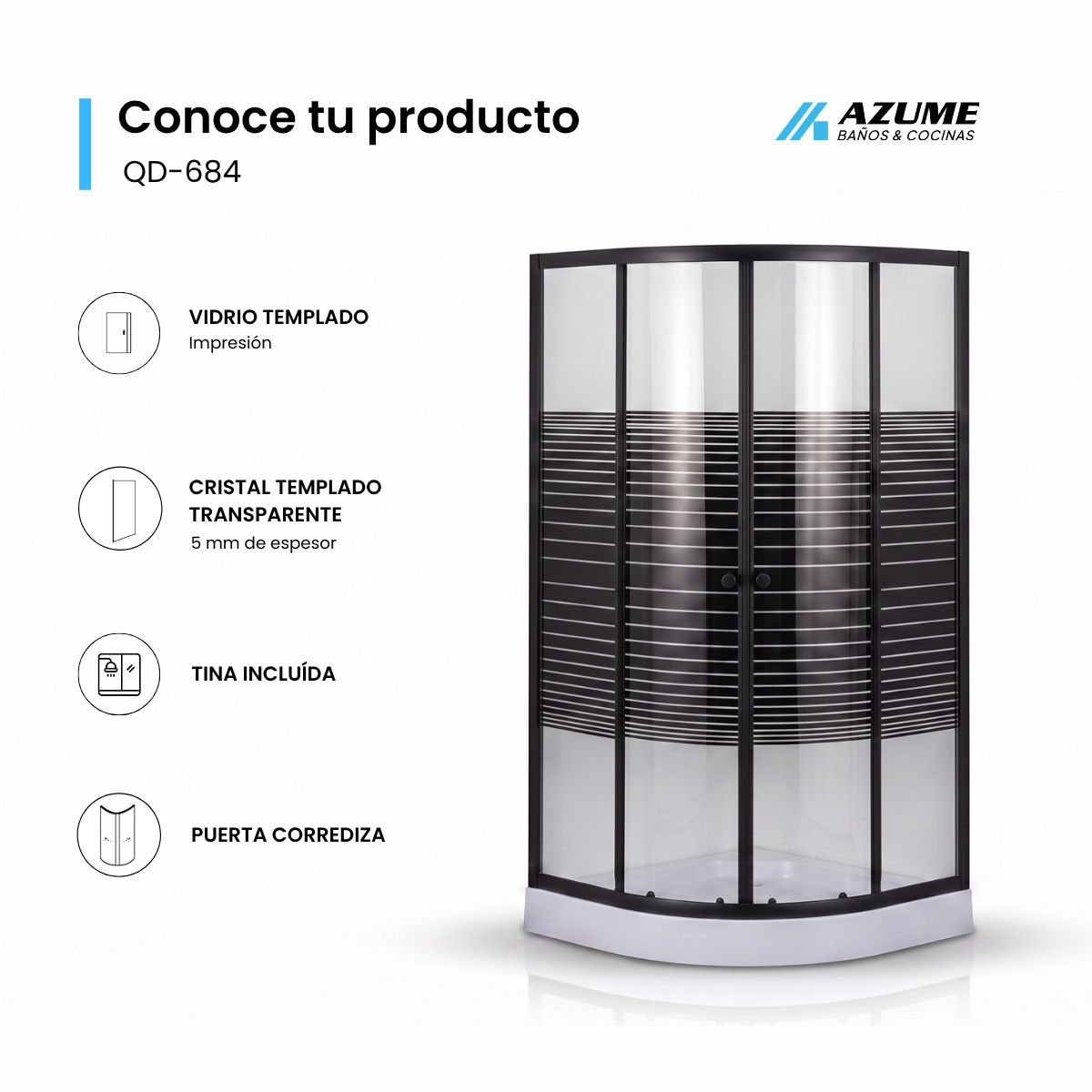 Cancel de Baño 90 x 90 cm Vidrio Templado 5 mm Herrajes Negros con Bandeja – QD-684