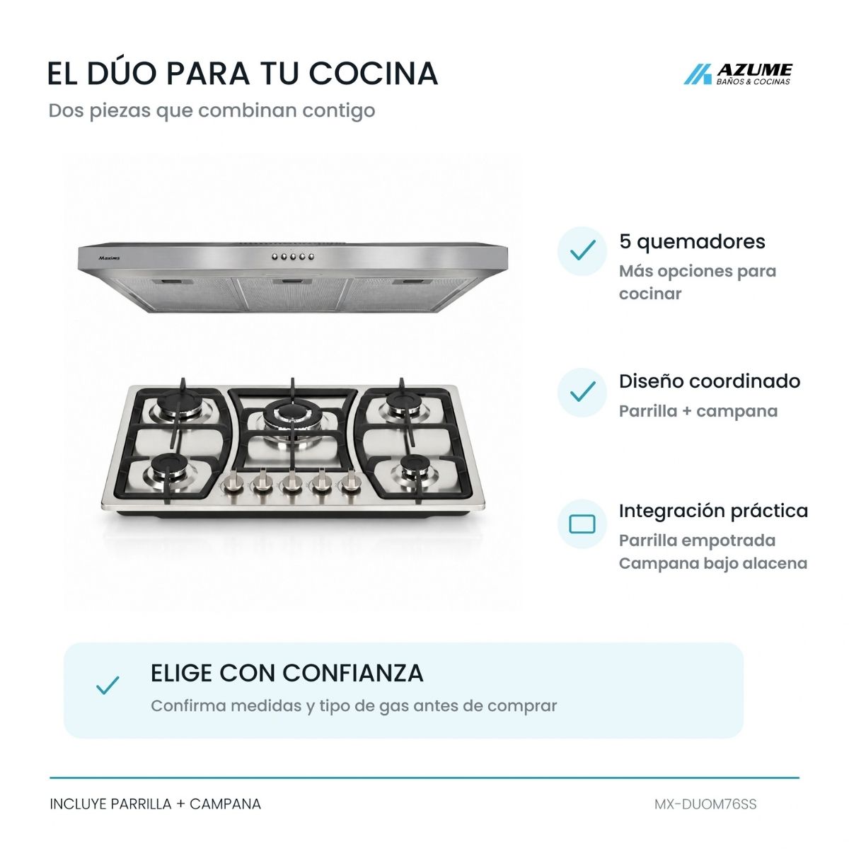 Dúo Parrilla y Campana de Cocina Maxims Steel 76 Acero Inoxidable – MX-DUOM76SS
