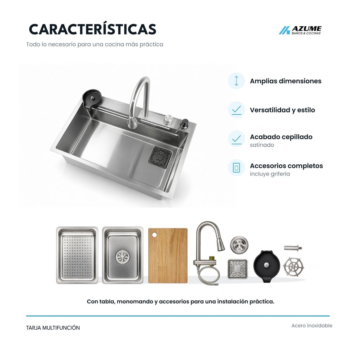 Alternative view of Tarja de Cocina Maxims T7546 Acero Inoxidable Submontar 75 cm con Monomando y Accesorios – MX-T7546-KIT-SATIN