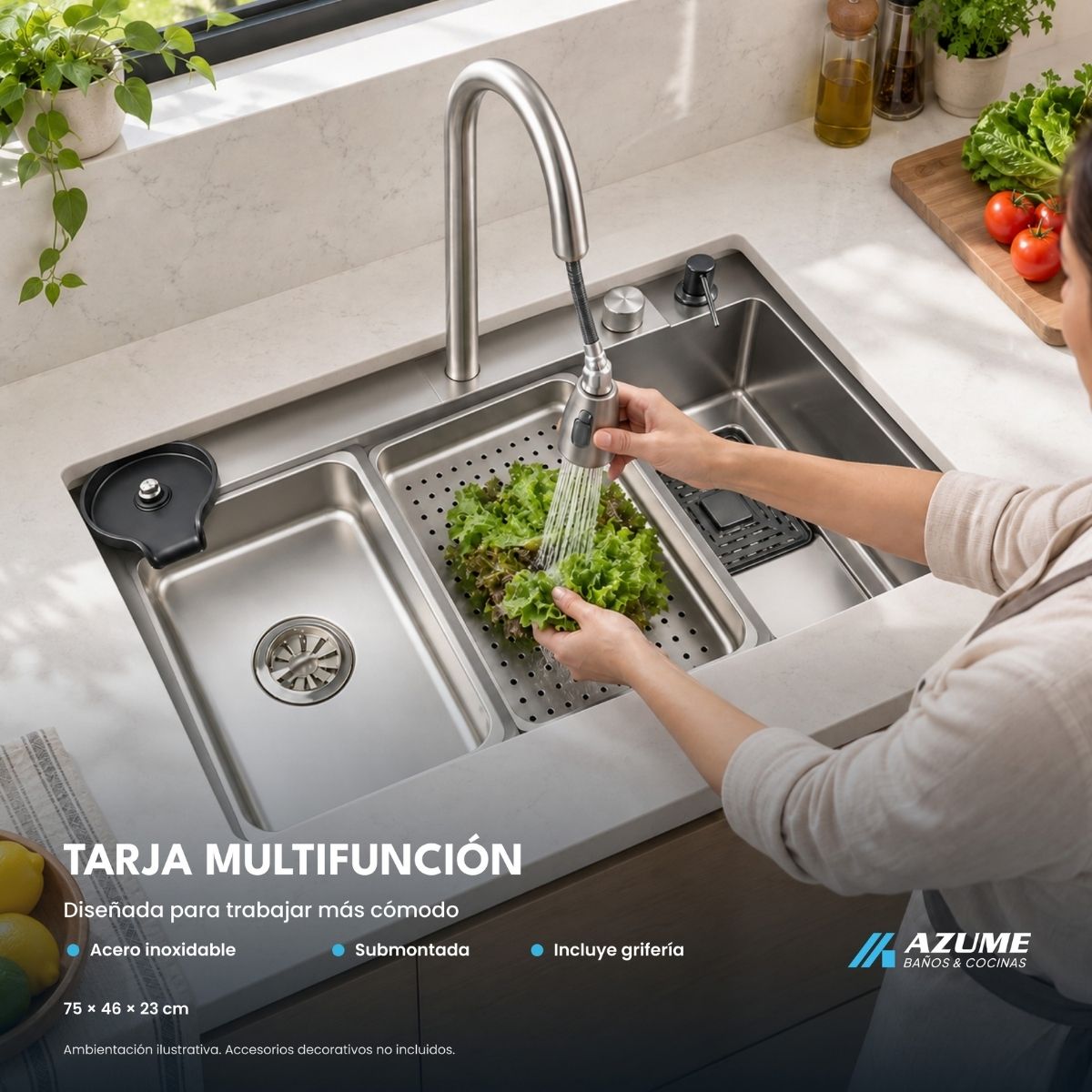 Tarja de Cocina Maxims T7546 Acero Inoxidable Submontar 75 cm con Monomando y Accesorios – MX-T7546-KIT-SATIN