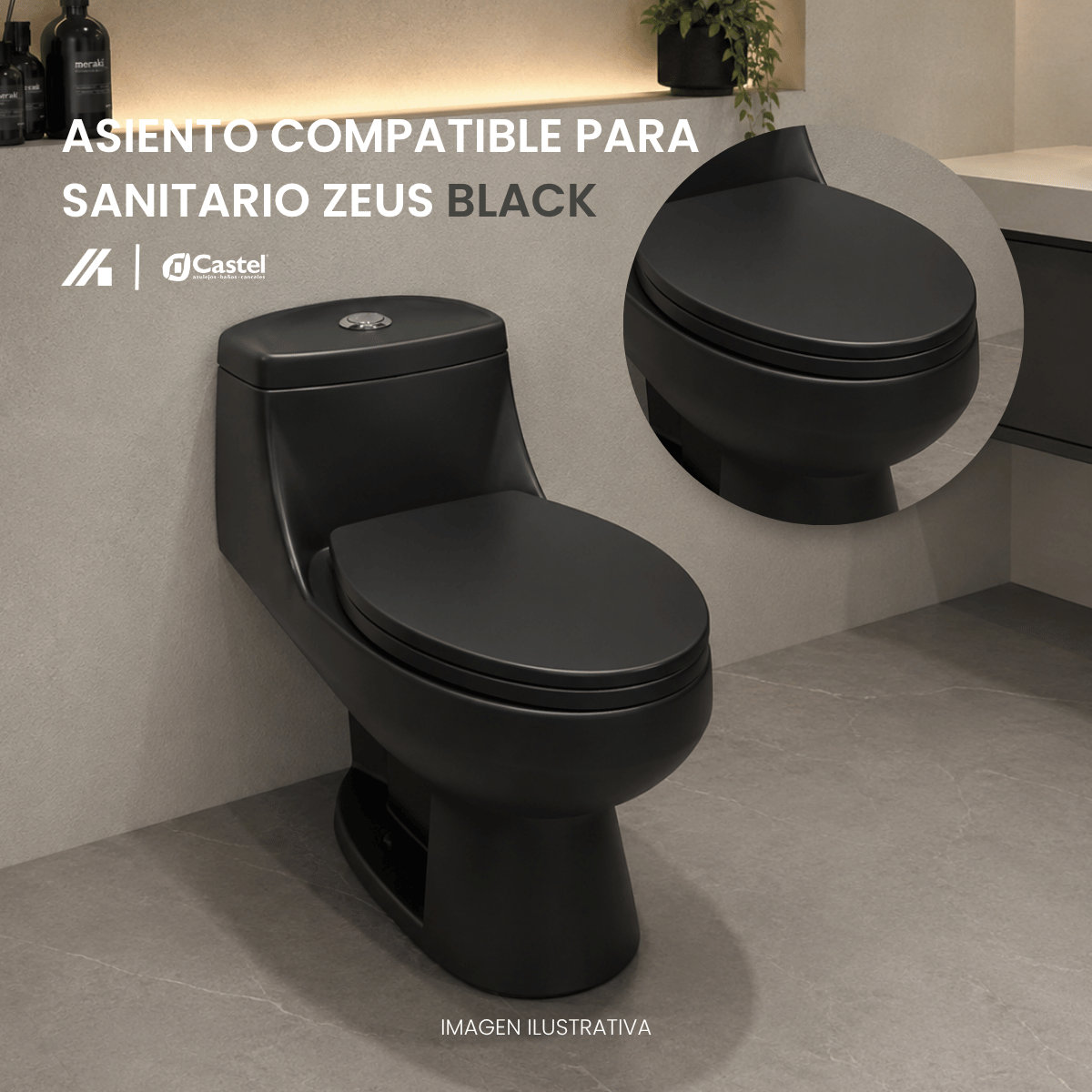 Asiento para Sanitario Castel Zeus Negro Mate Cierre Lento – CA-ASIENTO ZEUS BK