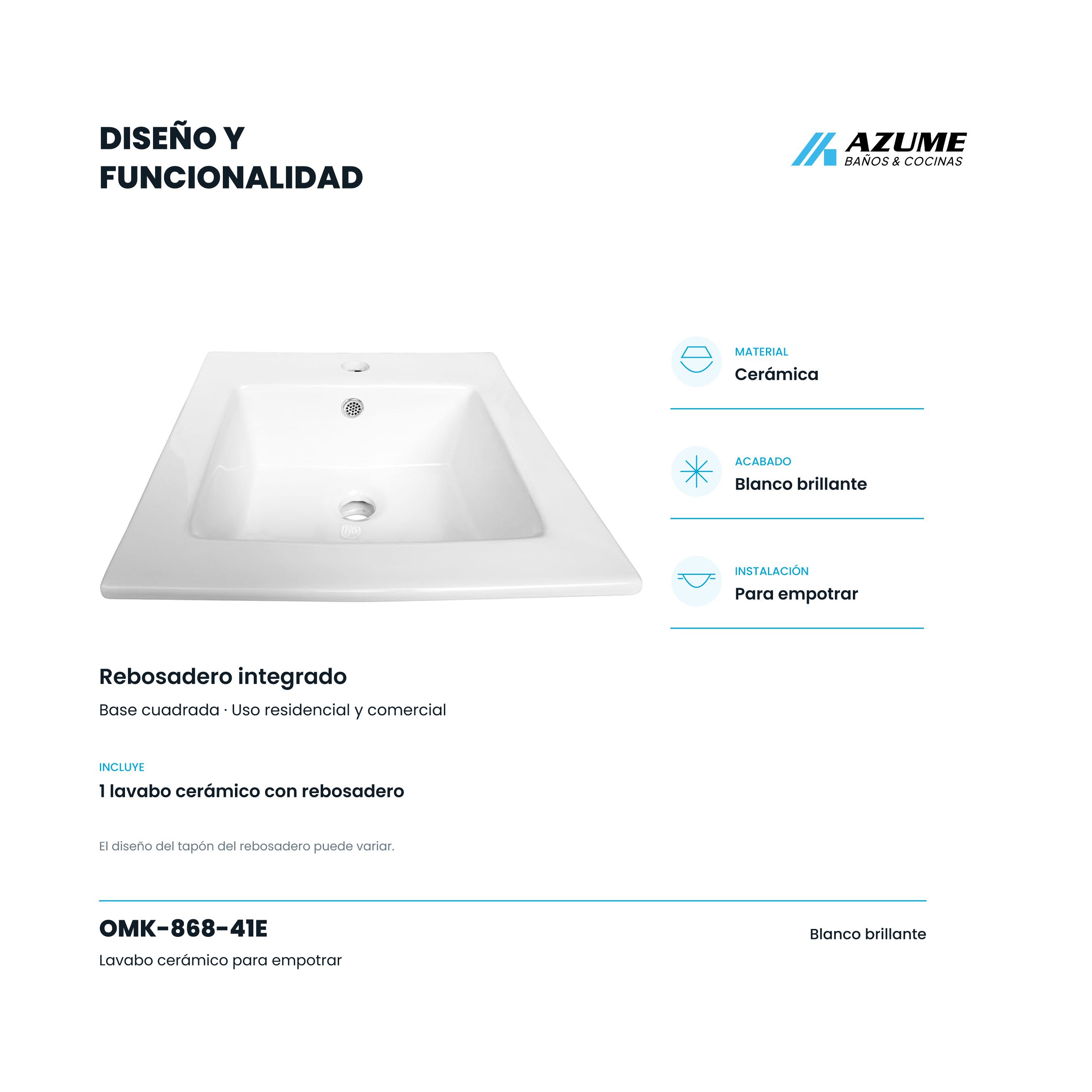 Cubierta Cerámica para Mueble de Baño Empotrable Blanco 40 cm – LU-OMK-868-41E