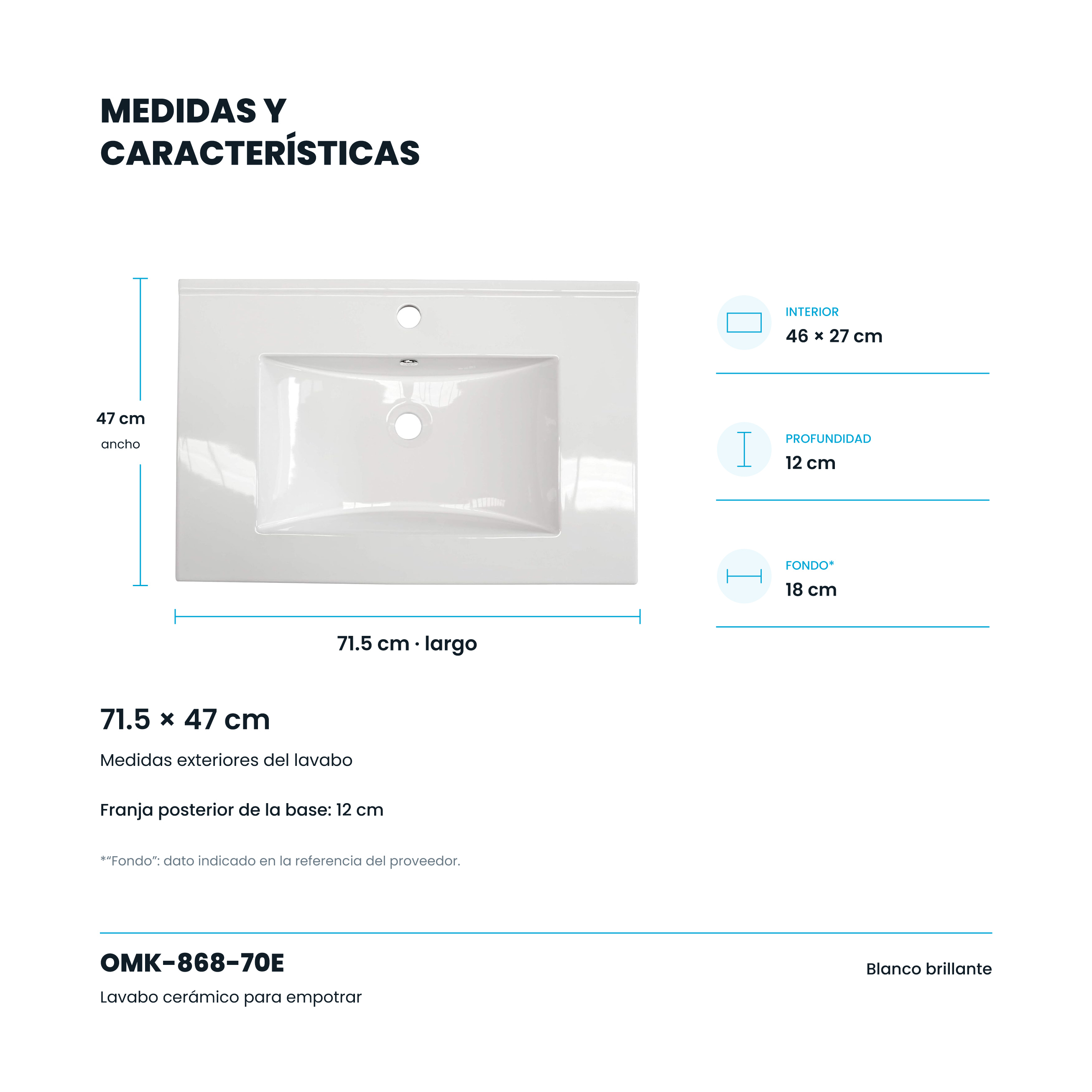 Alternative view of Cubierta Cerámica Empotrable para Mueble de Baño con Rebosadero 71 cm – LU-OMK-868-70E