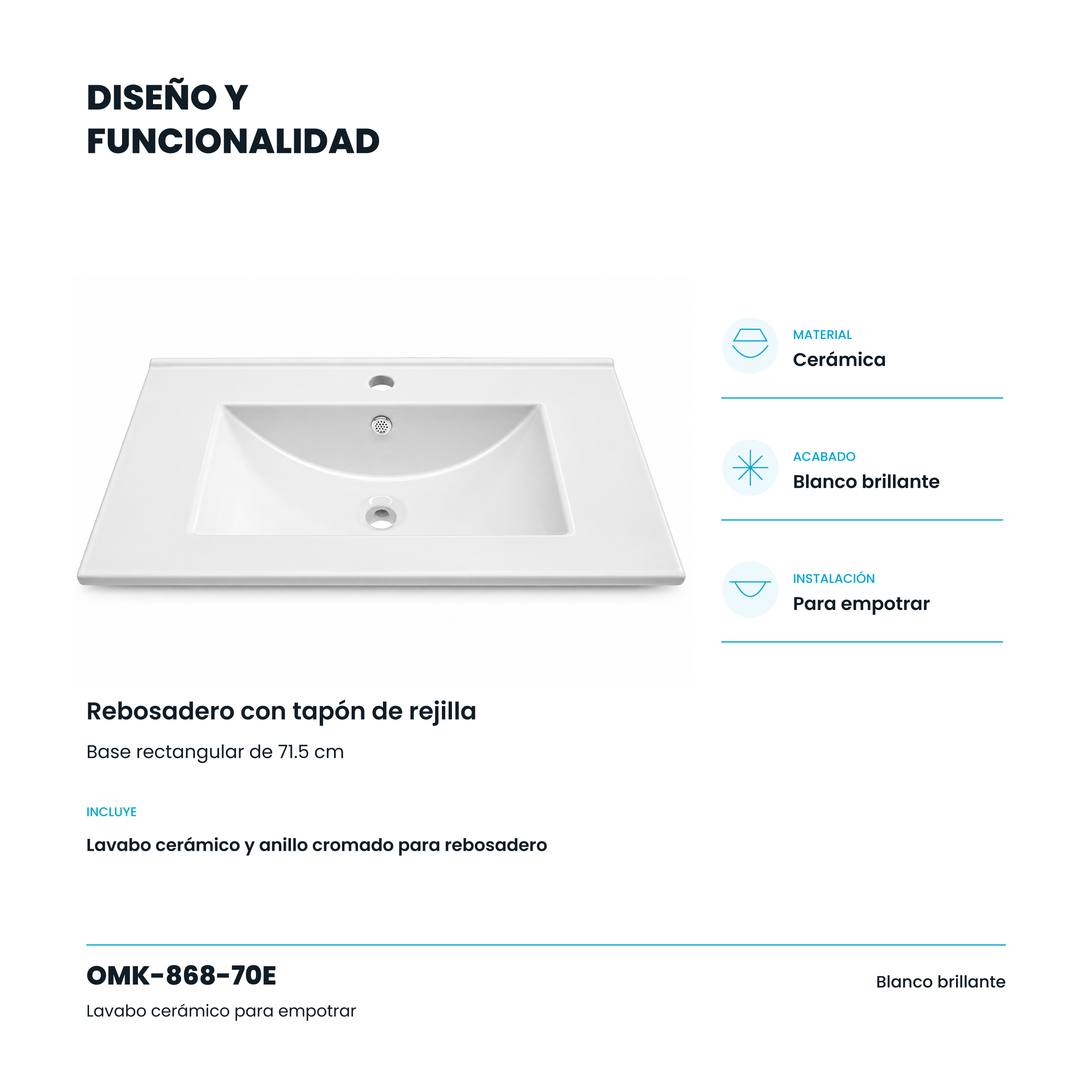 Cubierta Cerámica Empotrable para Mueble de Baño con Rebosadero 71 cm – LU-OMK-868-70E